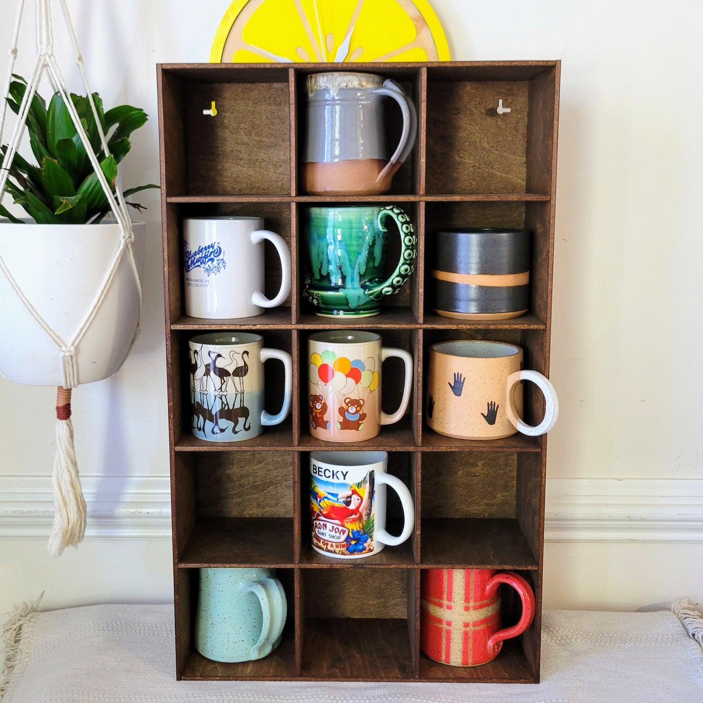 15 Compartment Wooden Display Shelf - Coffee Mug Shelf - 4.5x4.5 - Trinket Shelf - Curio Cabinet