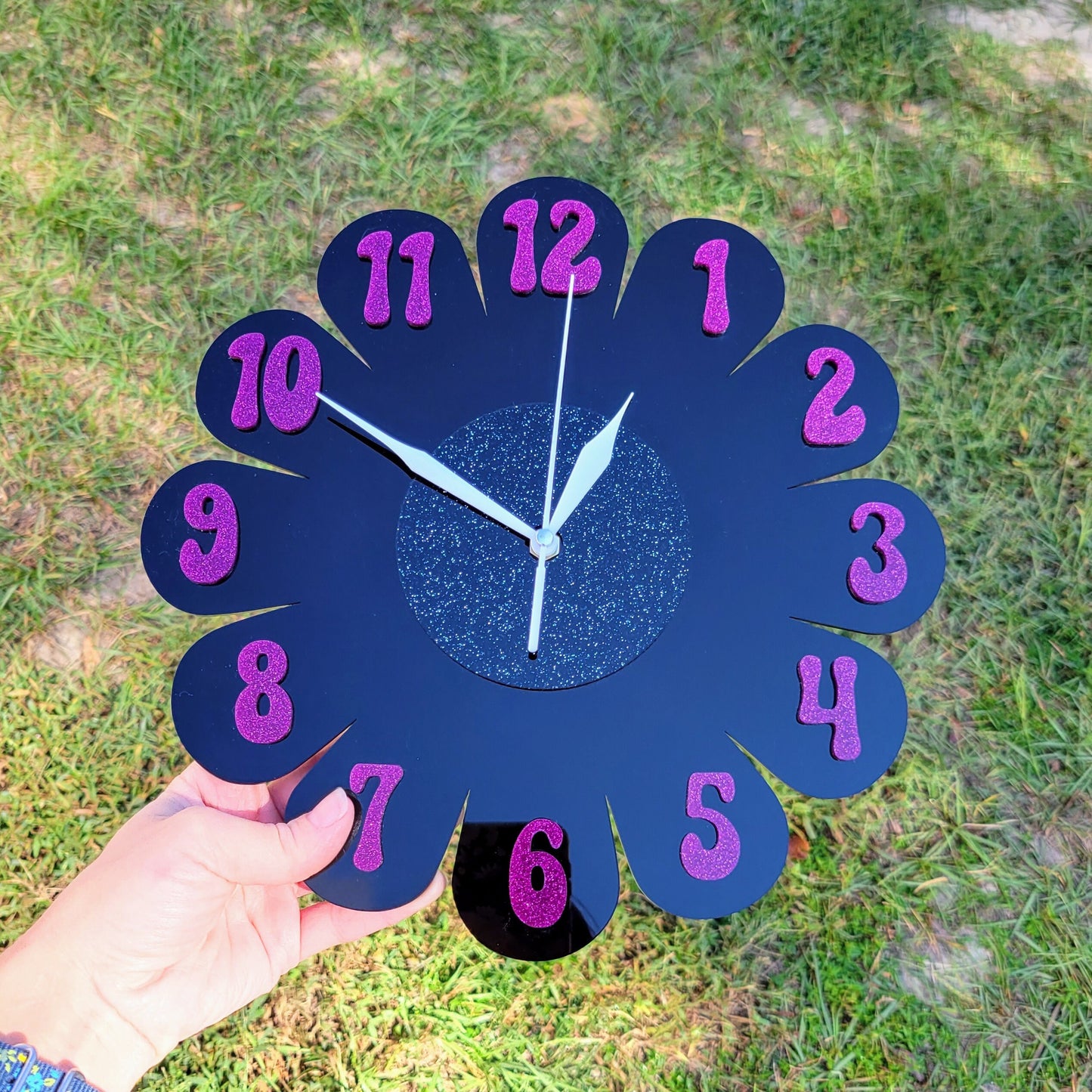 Black Glitter Daisy Wall Clock