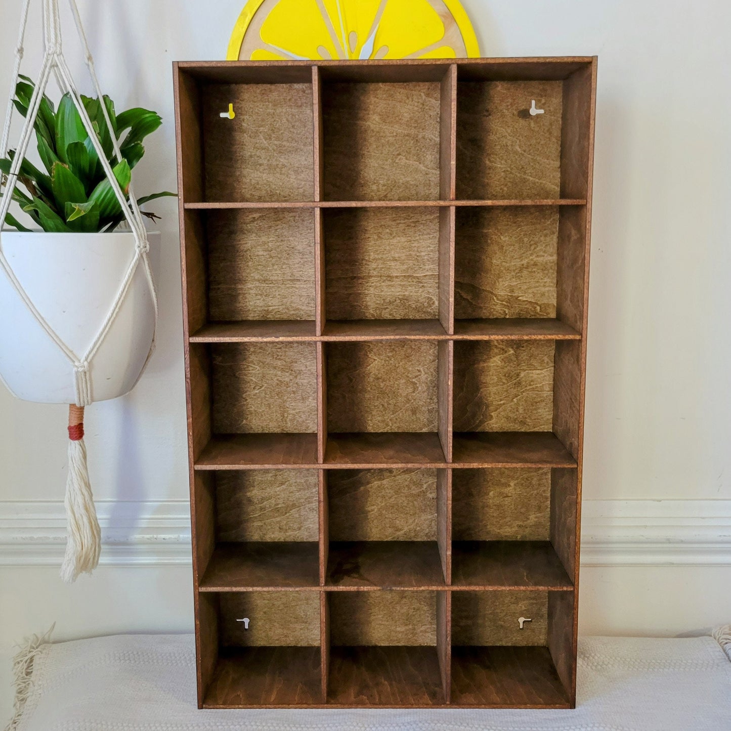 15 Compartment Wooden Display Shelf - Coffee Mug Shelf - 4.5x4.5 - Trinket Shelf - Curio Cabinet