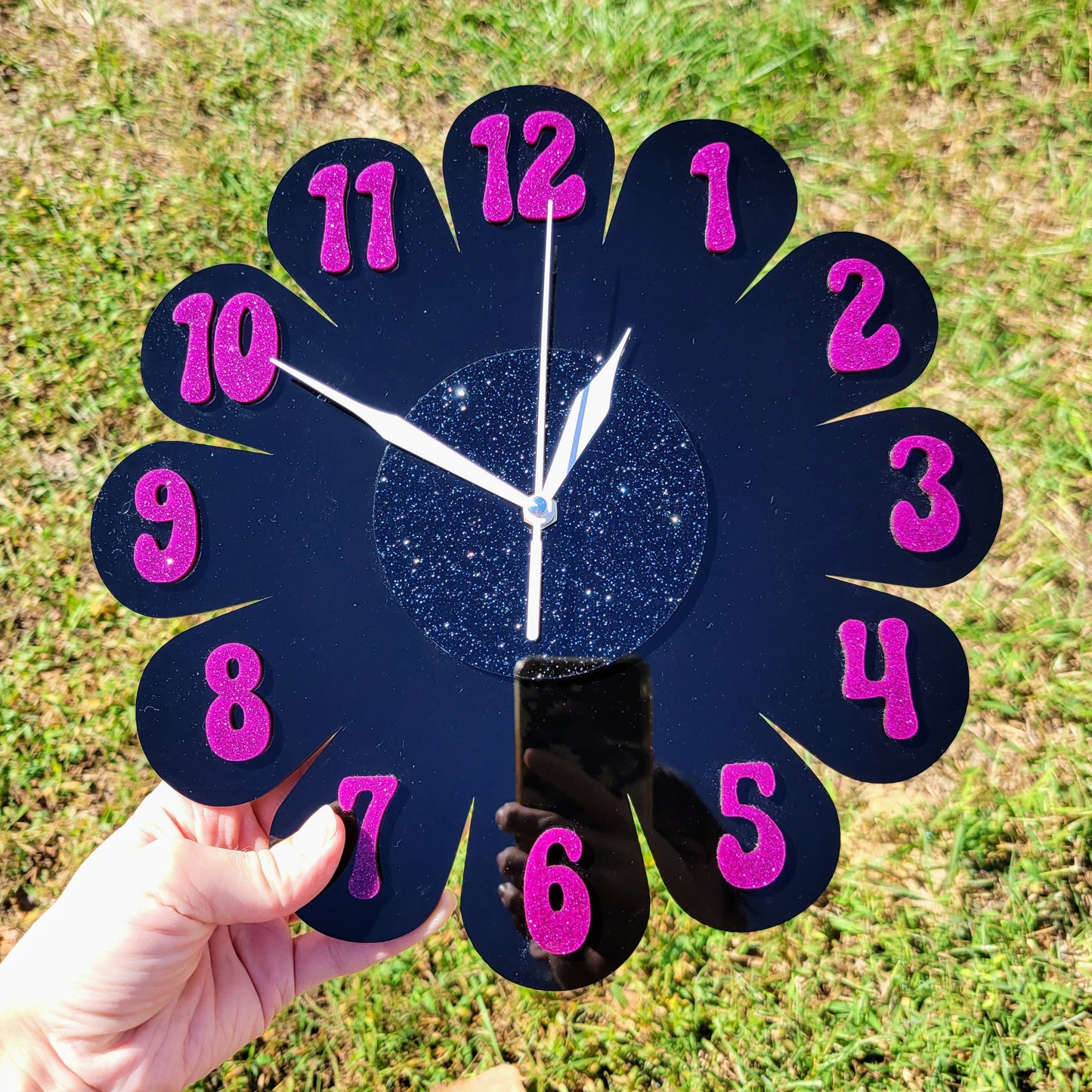Black Glitter Daisy Wall Clock