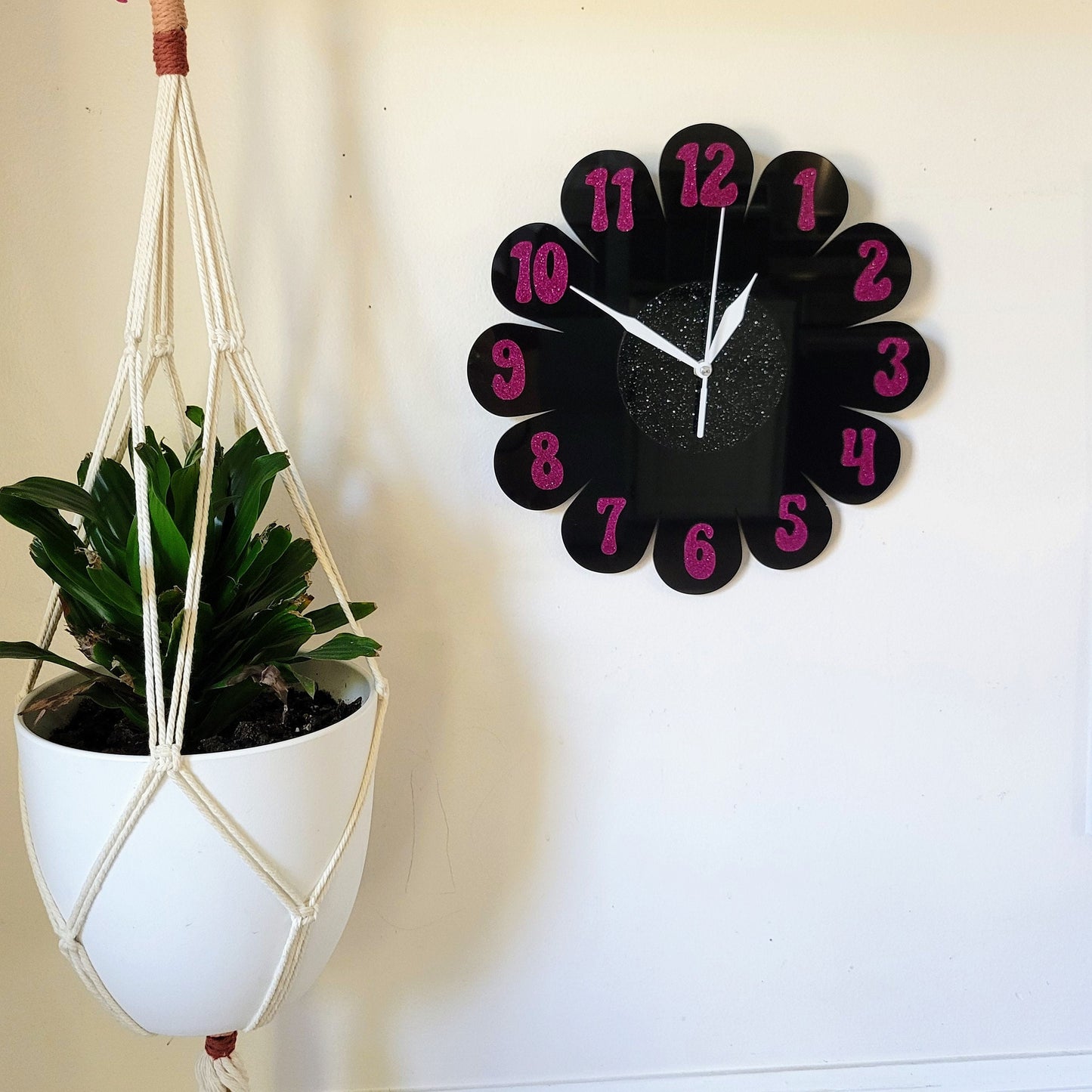 Black Glitter Daisy Wall Clock