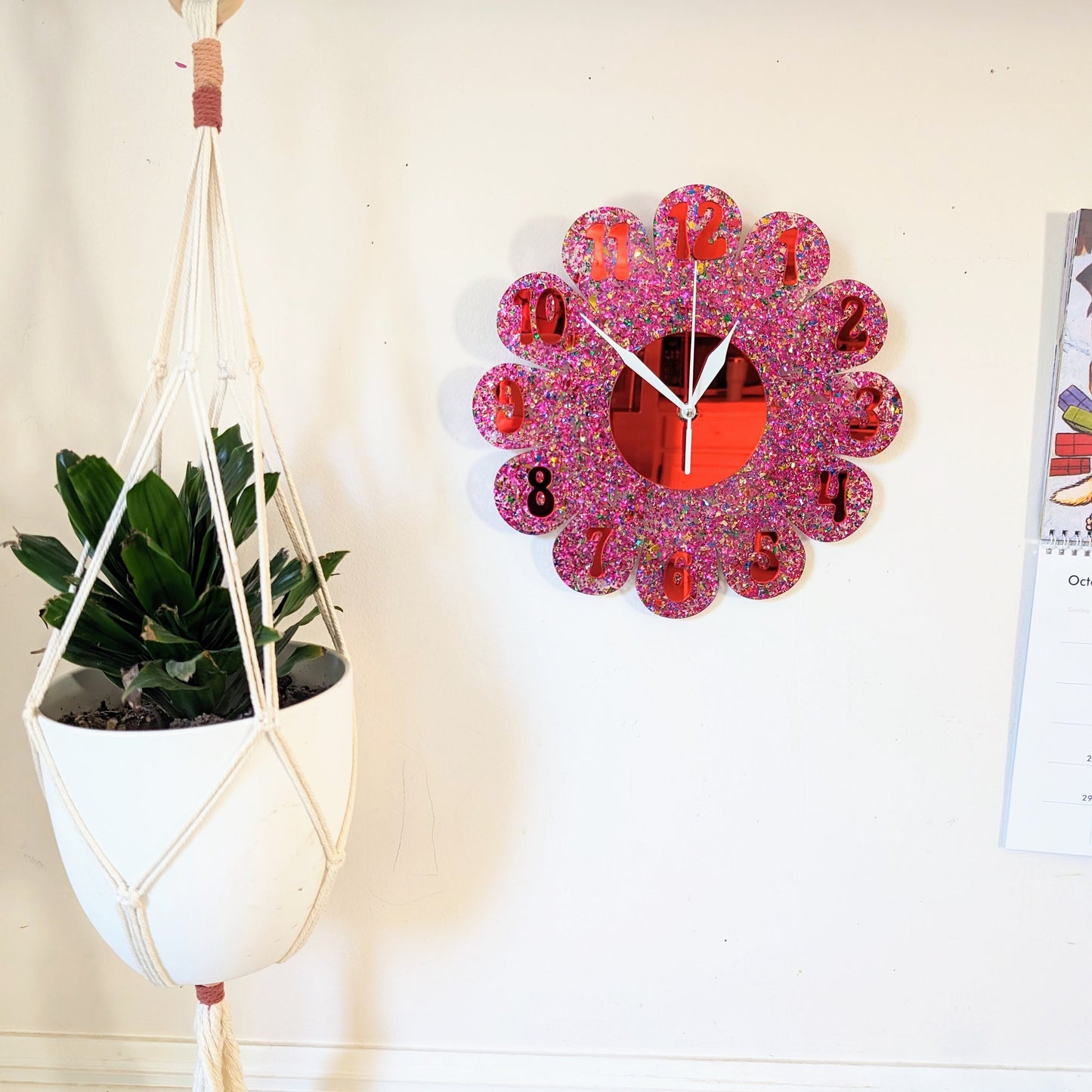 Pink Glitter Daisy Wall Clock