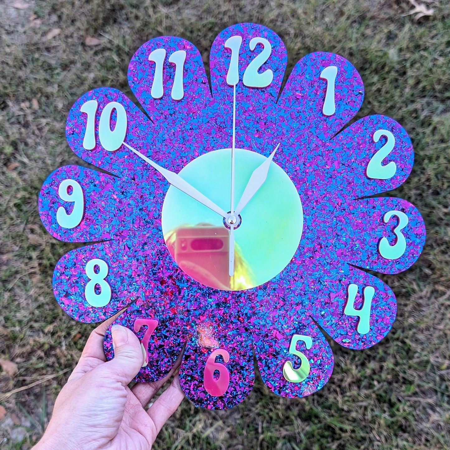 Purple Glitter Daisy Wall Clock