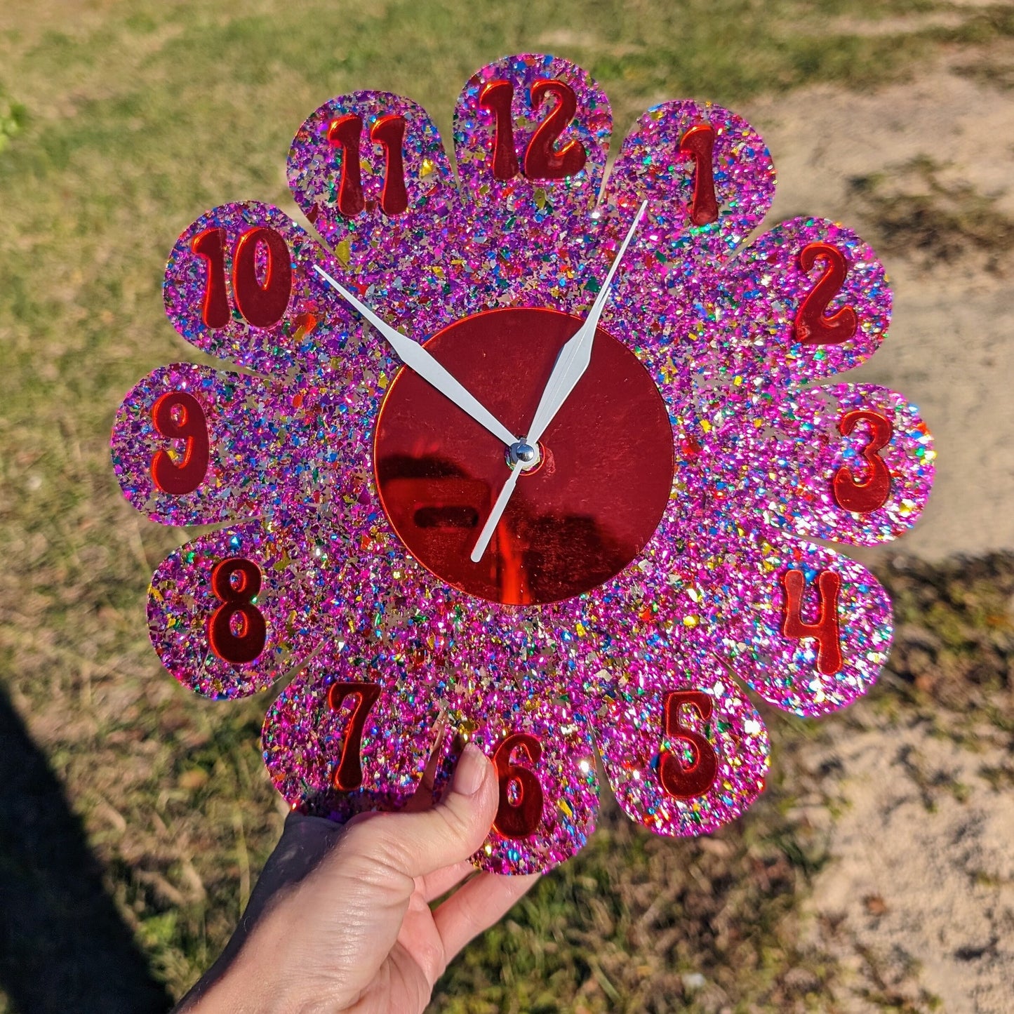 Pink Glitter Daisy Wall Clock