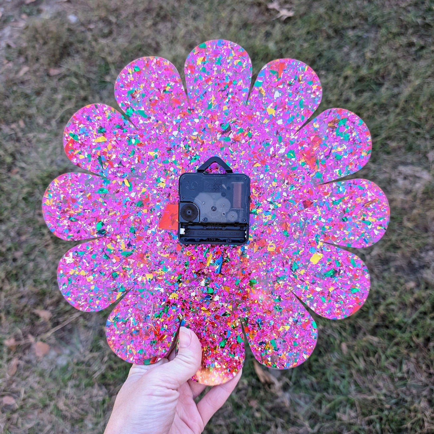 Pink Glitter Daisy Wall Clock