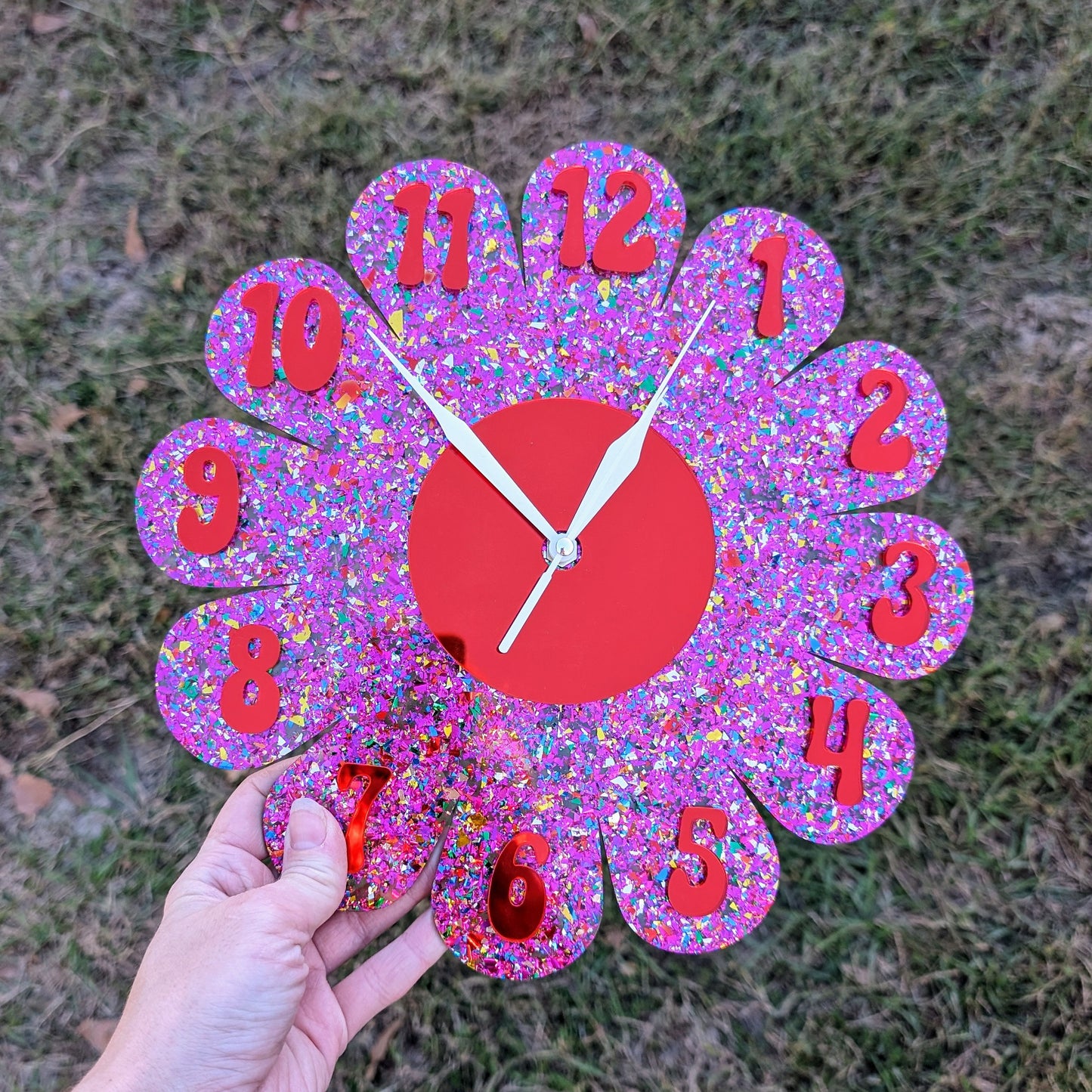 Pink Glitter Daisy Wall Clock