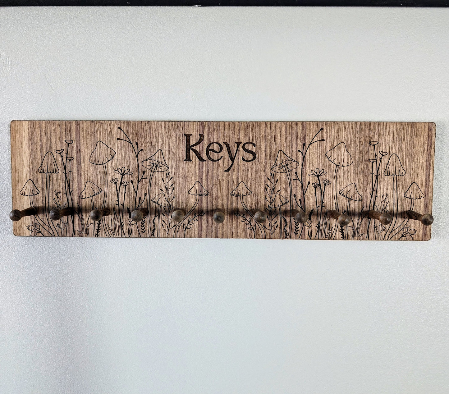 Walnut Wood Mushroom Engraved Key Hook Hanger - Car Keys - Boat Keys Organizer - Entryway Organizer - Key Valet - Customizable Key Shelf