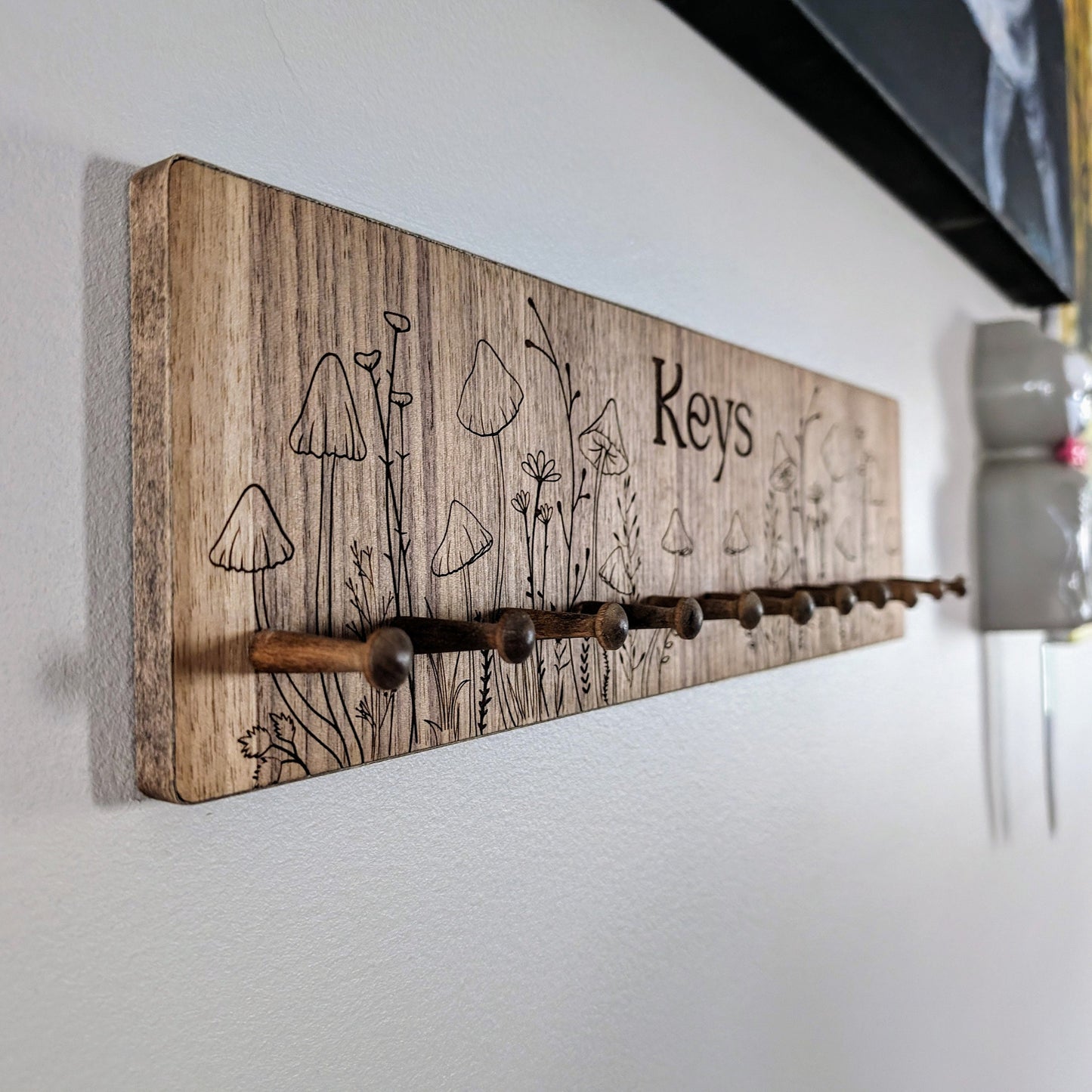 Walnut Wood Mushroom Engraved Key Hook Hanger - Car Keys - Boat Keys Organizer - Entryway Organizer - Key Valet - Customizable Key Shelf
