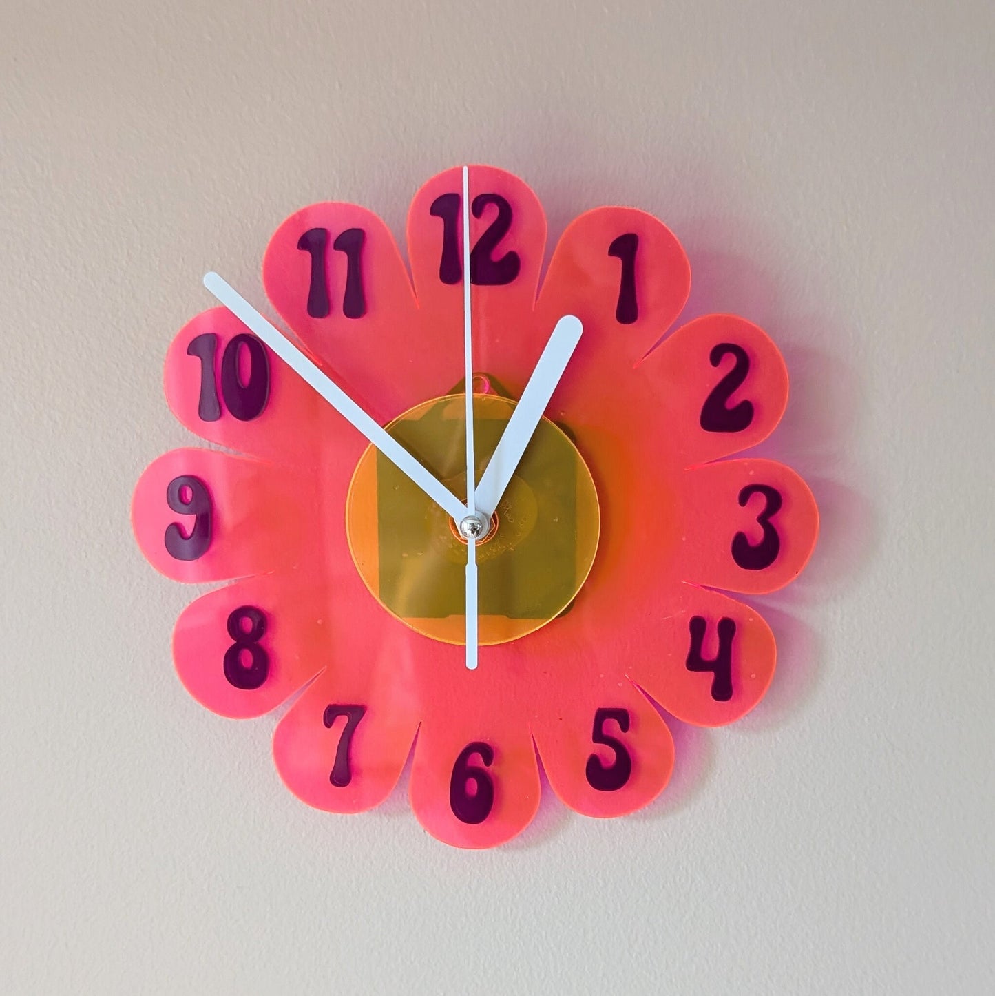 Mini Blacklight UV Retro Vintage 1970s Inspired Daisy Wall Clock - Funky Wall Clock - Retro Clock- Mini Clock - Kitchen Clock Hot Pink Clock