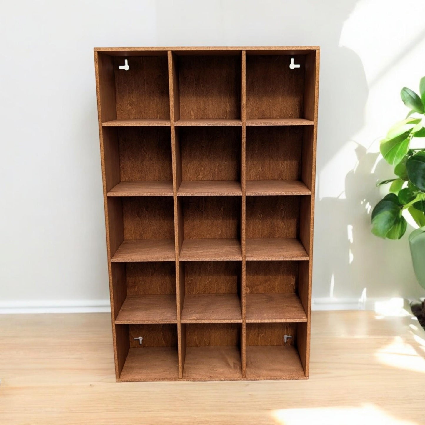 15 Compartment Wooden Display Shelf - Coffee Mug Shelf - 4.5x4.5 - Trinket Shelf - Curio Cabinet