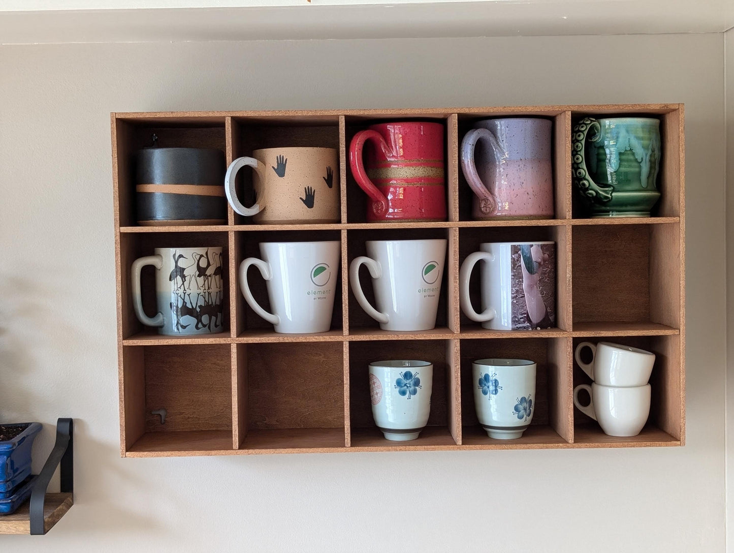 15 Compartment Wooden Display Shelf - Coffee Mug Shelf - 4.5x4.5 - Trinket Shelf - Curio Cabinet
