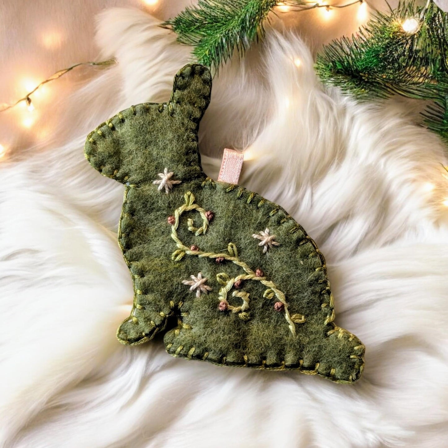 Scandinavian Embroidered Rabbit Christmas Ornament - Hand embroidered Heirloom Ornament - Hygge Ornament - Floral Embroidered Ornament
