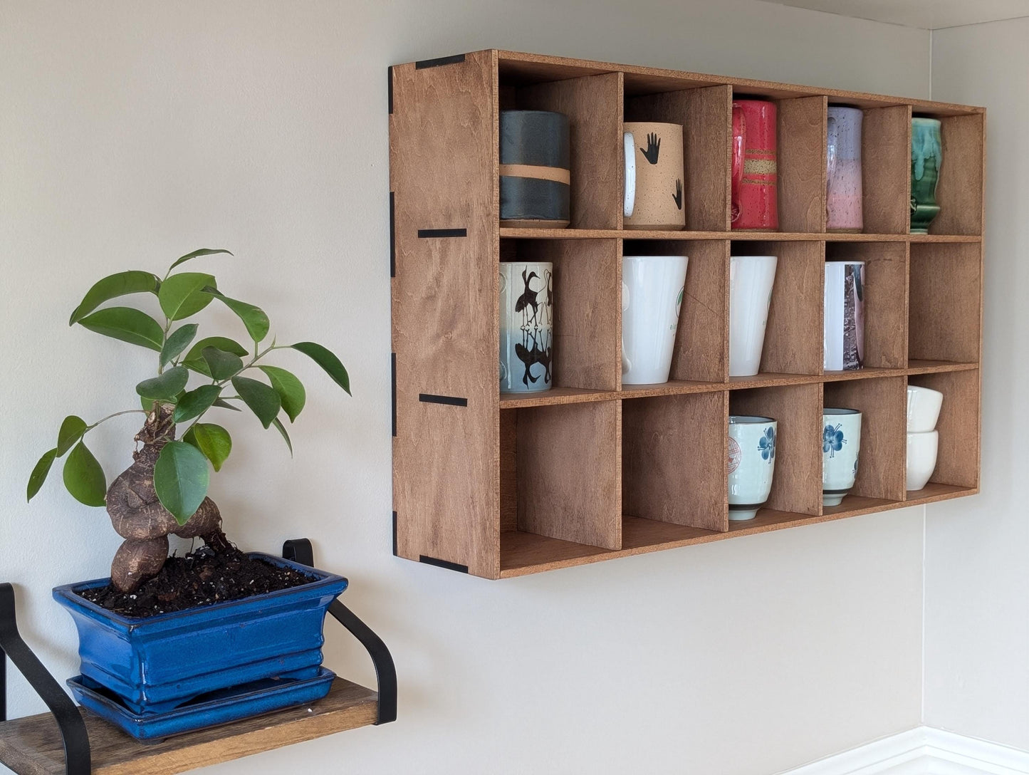 15 Compartment Wooden Display Shelf - Coffee Mug Shelf - 4.5x4.5 - Trinket Shelf - Curio Cabinet