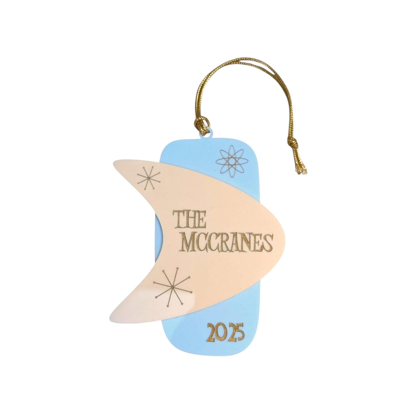 Mid Century Modern Retro Family Name Boomerang Ornament -2025 Happy Holidays MCM Ornament - 1950s 1960s Ornament - Retro Christmas Ornaments