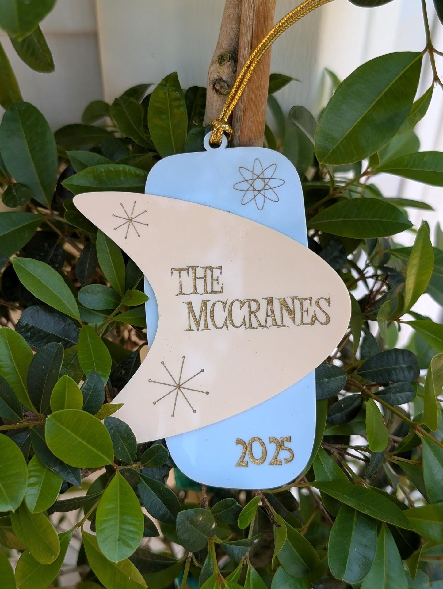 Mid Century Modern Retro Family Name Boomerang Ornament -2025 Happy Holidays MCM Ornament - 1950s 1960s Ornament - Retro Christmas Ornaments