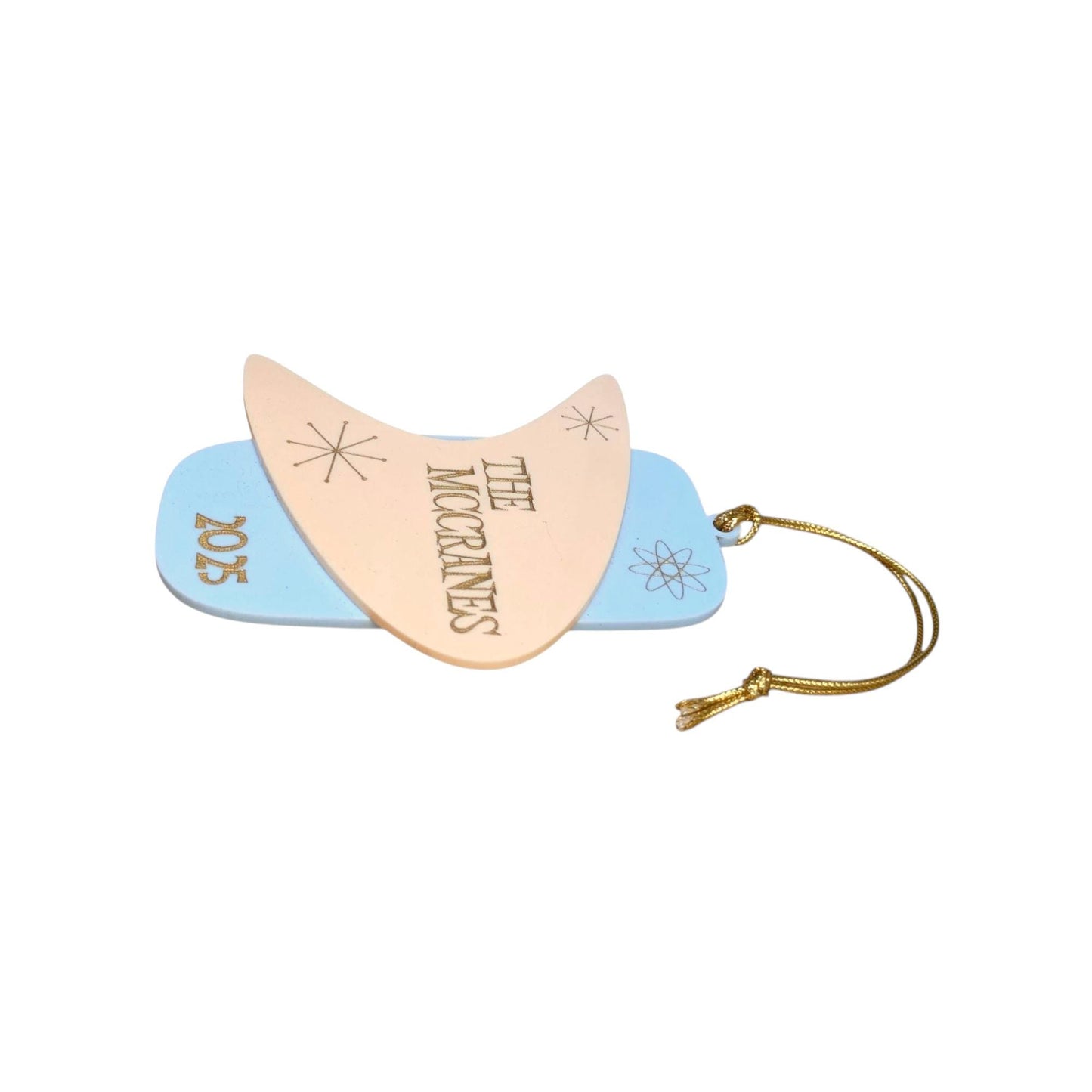 Mid Century Modern Retro Family Name Boomerang Ornament -2025 Happy Holidays MCM Ornament - 1950s 1960s Ornament - Retro Christmas Ornaments