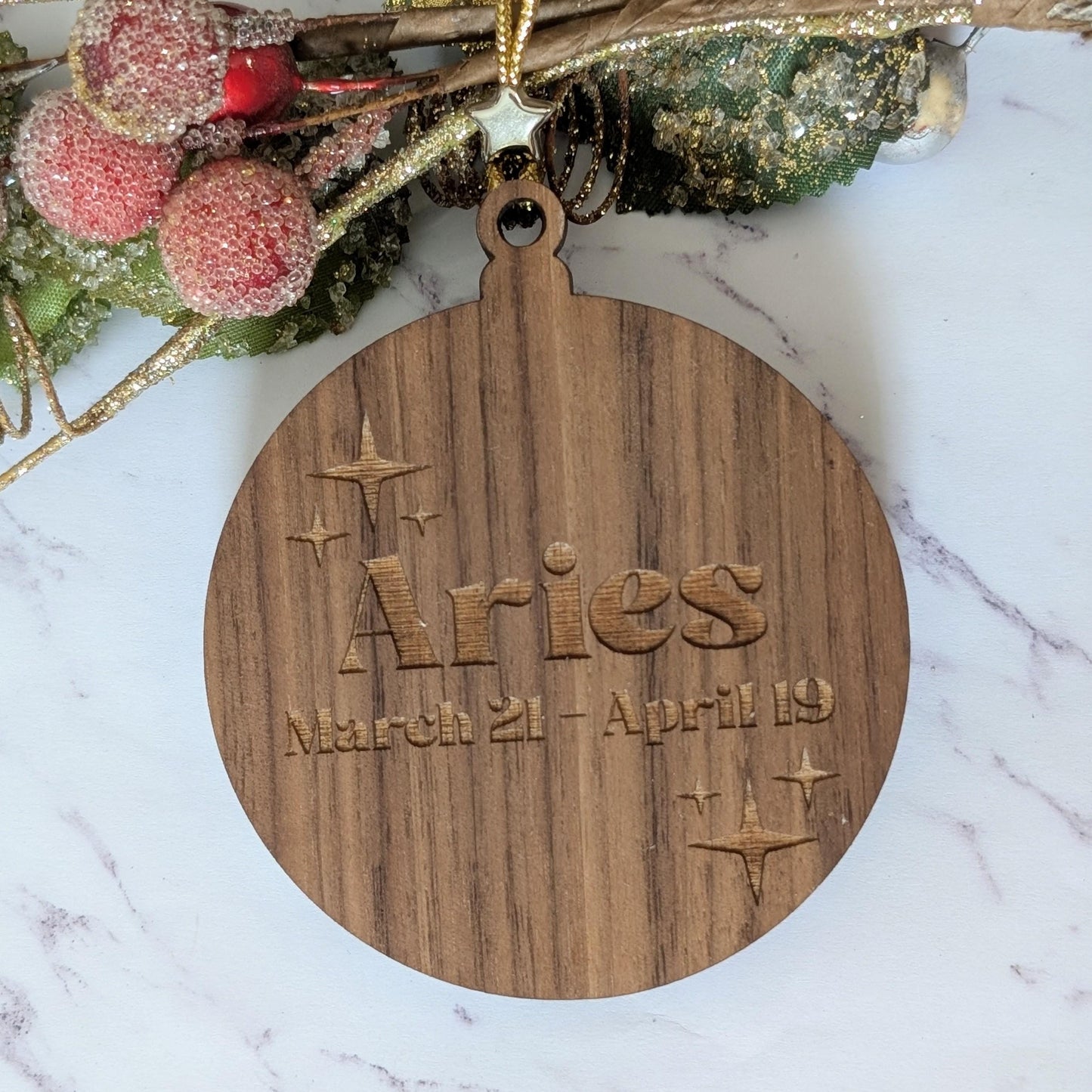 Personalized Aries Ornament | Walnut & Acrylic Zodiac Christmas Gift