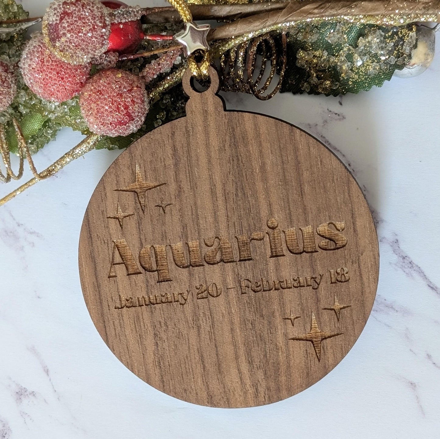 Personalized Aquarius Ornament | Walnut & Acrylic Zodiac Christmas Gift
