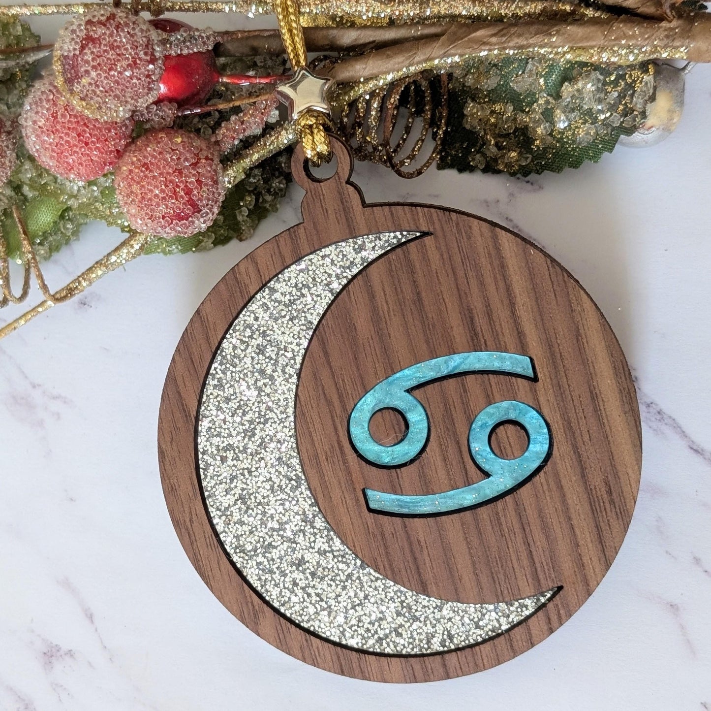 Personalized Cancer Ornament | Walnut & Acrylic Zodiac Christmas Gift