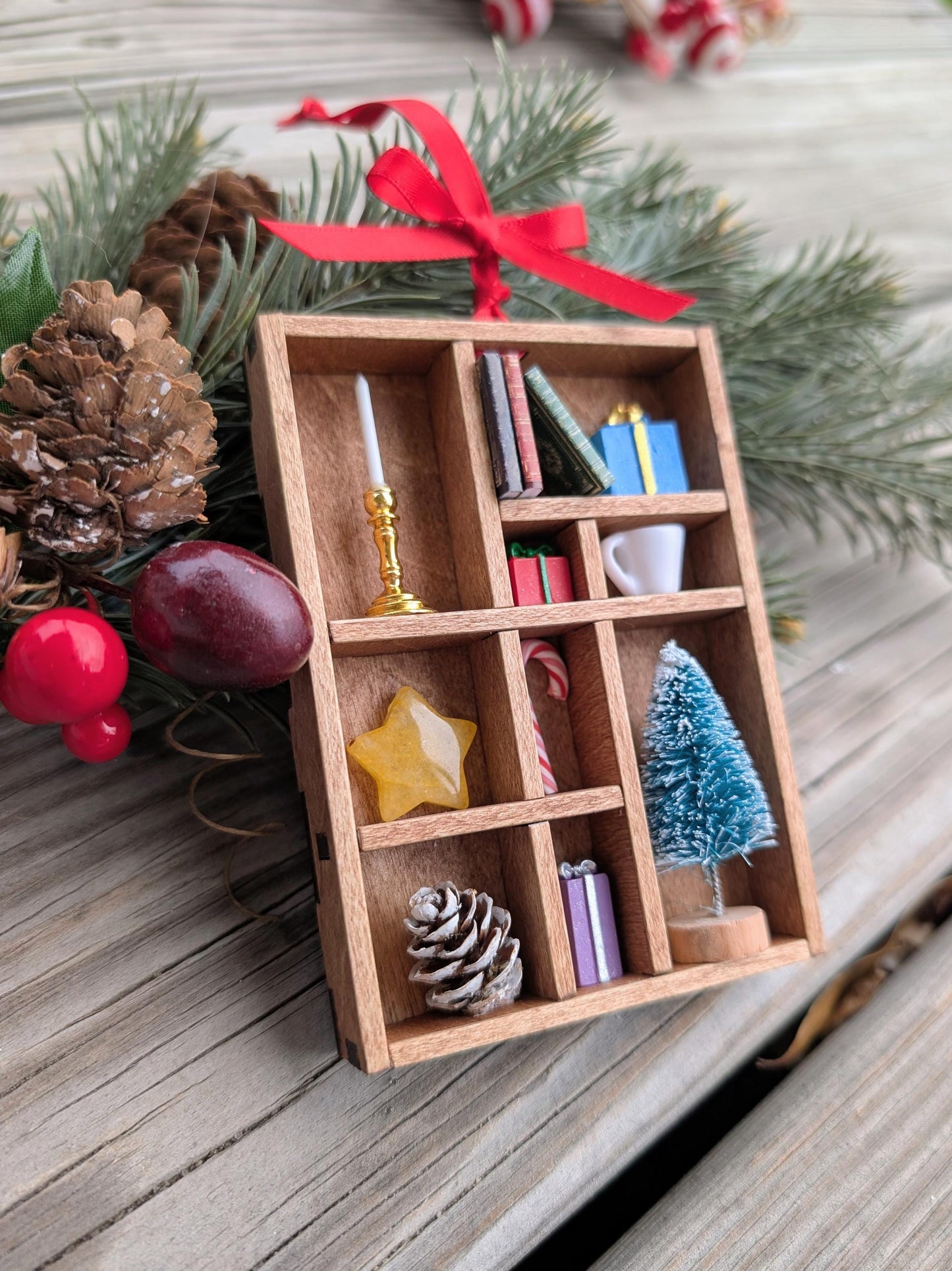 Cozy Christmas Shadow Box Ornament | Hygge Holiday Decor | Miniature Library