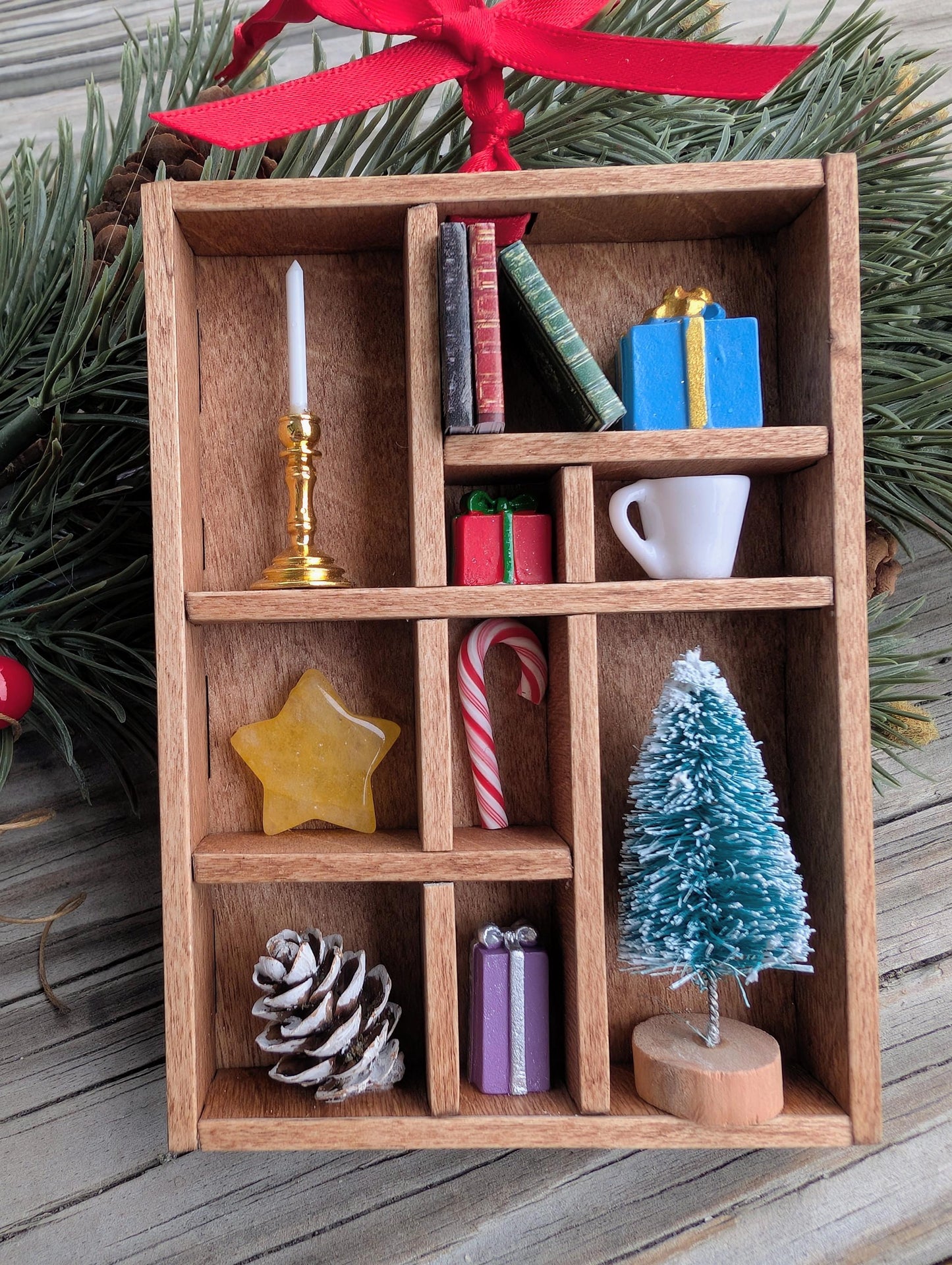 Cozy Christmas Shadow Box Ornament | Hygge Holiday Decor | Miniature Library