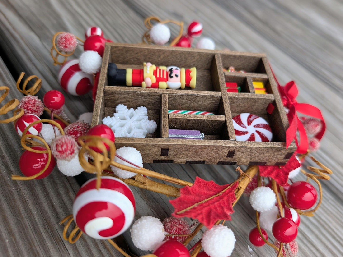 Miniature Christmas Shadow Box Ornament | Wooden Printer's Tray Style | Classic Christmas Diorama