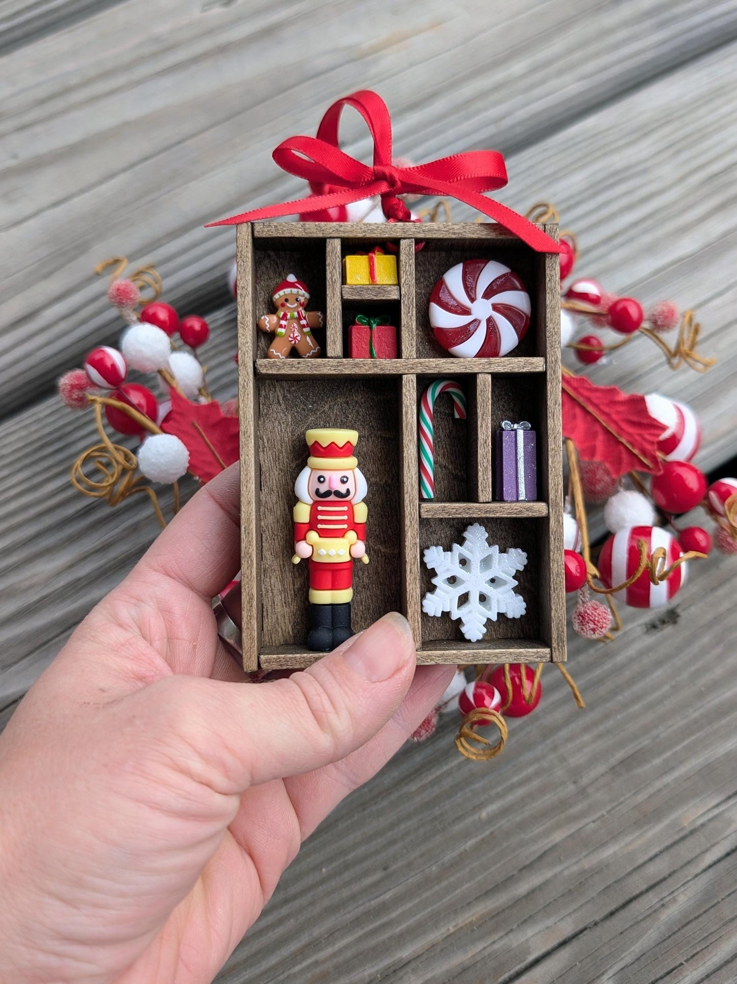 Miniature Christmas Shadow Box Ornament | Wooden Printer's Tray Style | Classic Christmas Diorama