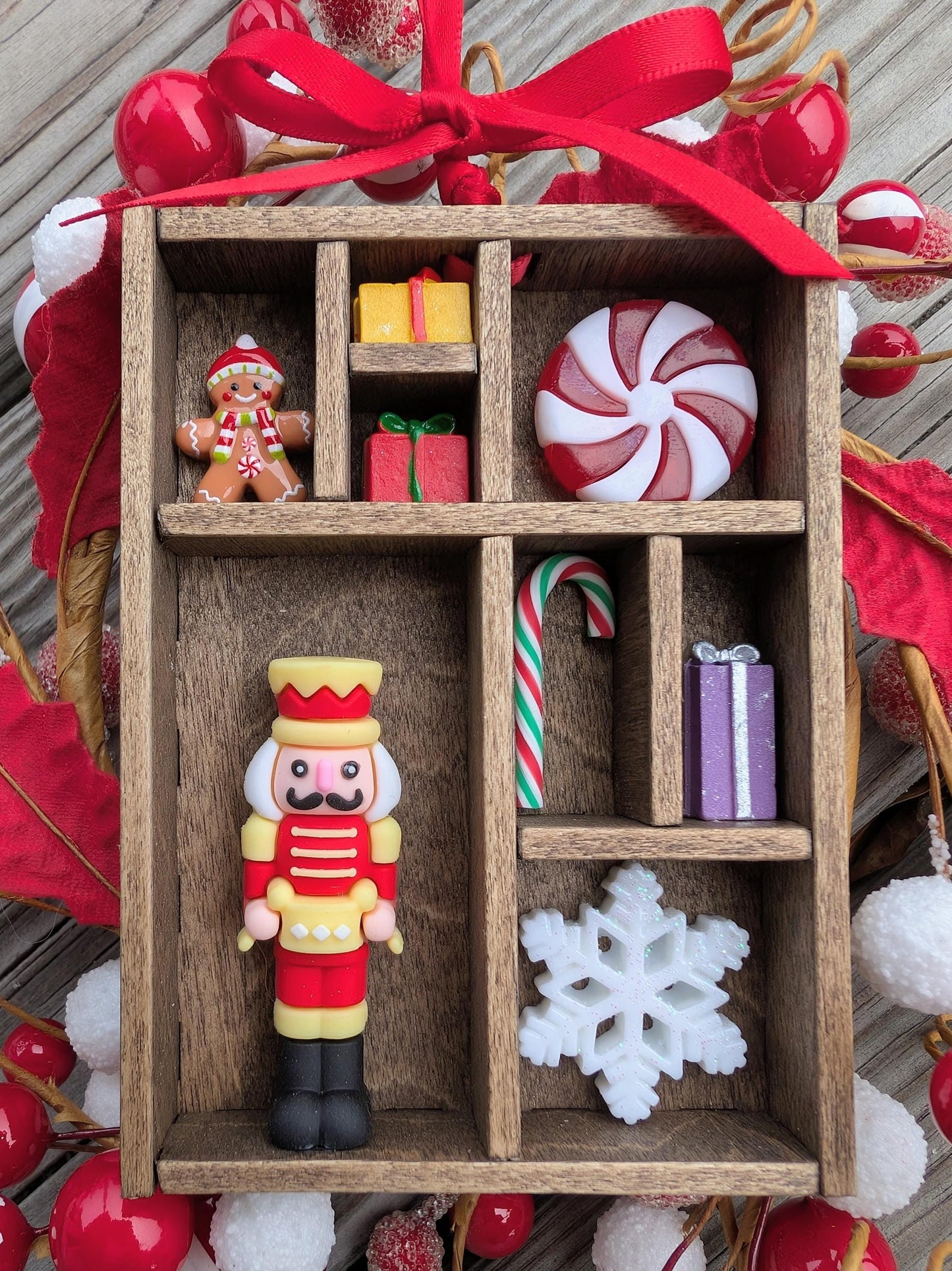 Miniature Christmas Shadow Box Ornament | Wooden Printer's Tray Style | Classic Christmas Diorama