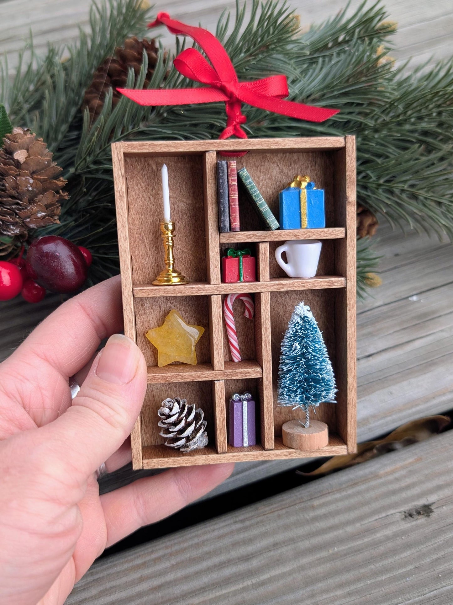 Cozy Christmas Shadow Box Ornament | Hygge Holiday Decor | Miniature Library