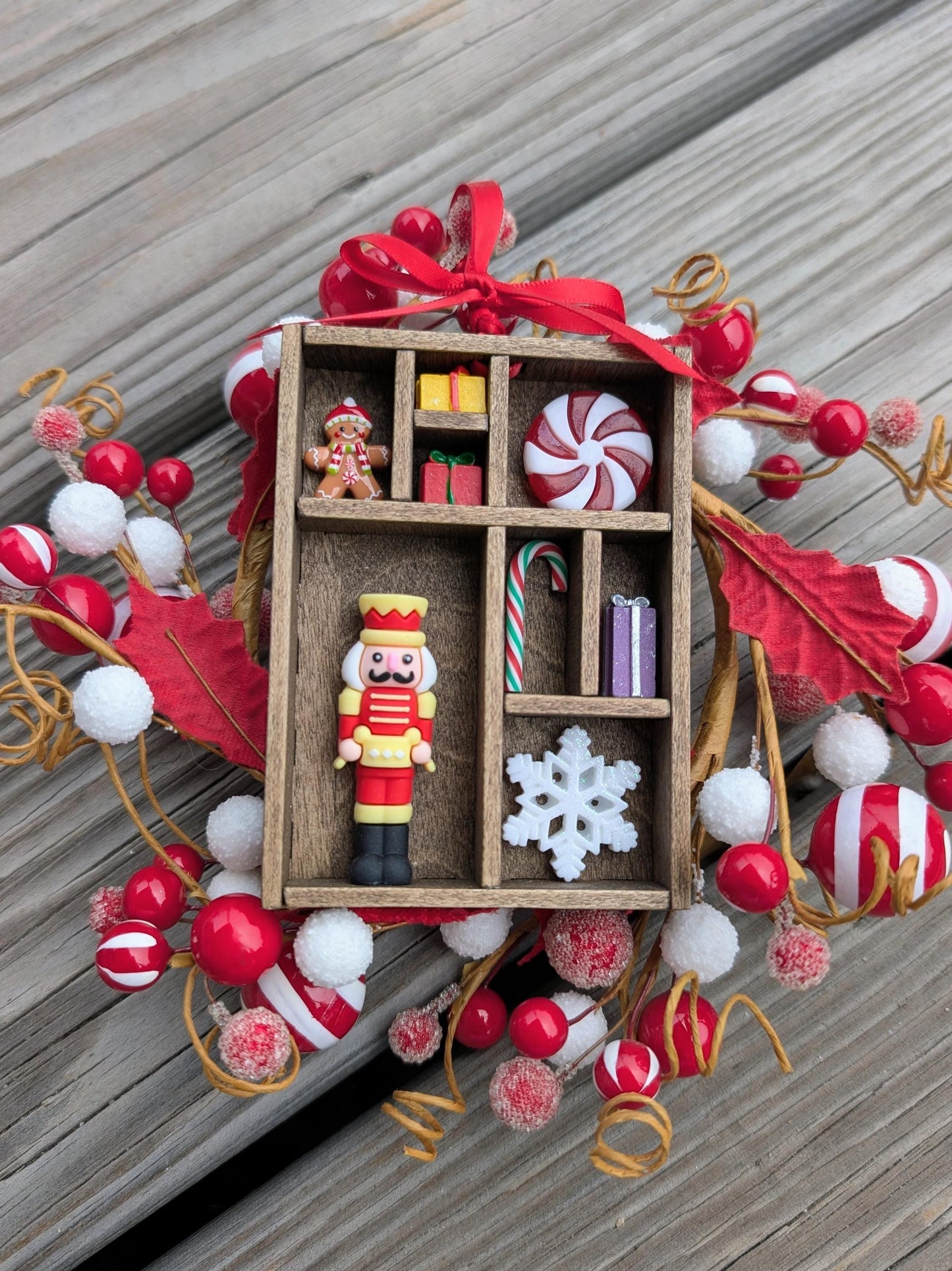 Miniature Christmas Shadow Box Ornament | Wooden Printer's Tray Style | Classic Christmas Diorama