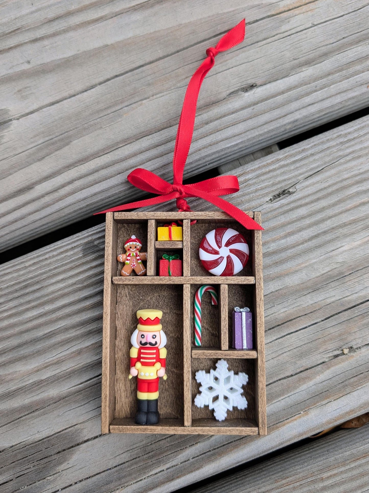 Miniature Christmas Shadow Box Ornament | Wooden Printer's Tray Style | Classic Christmas Diorama