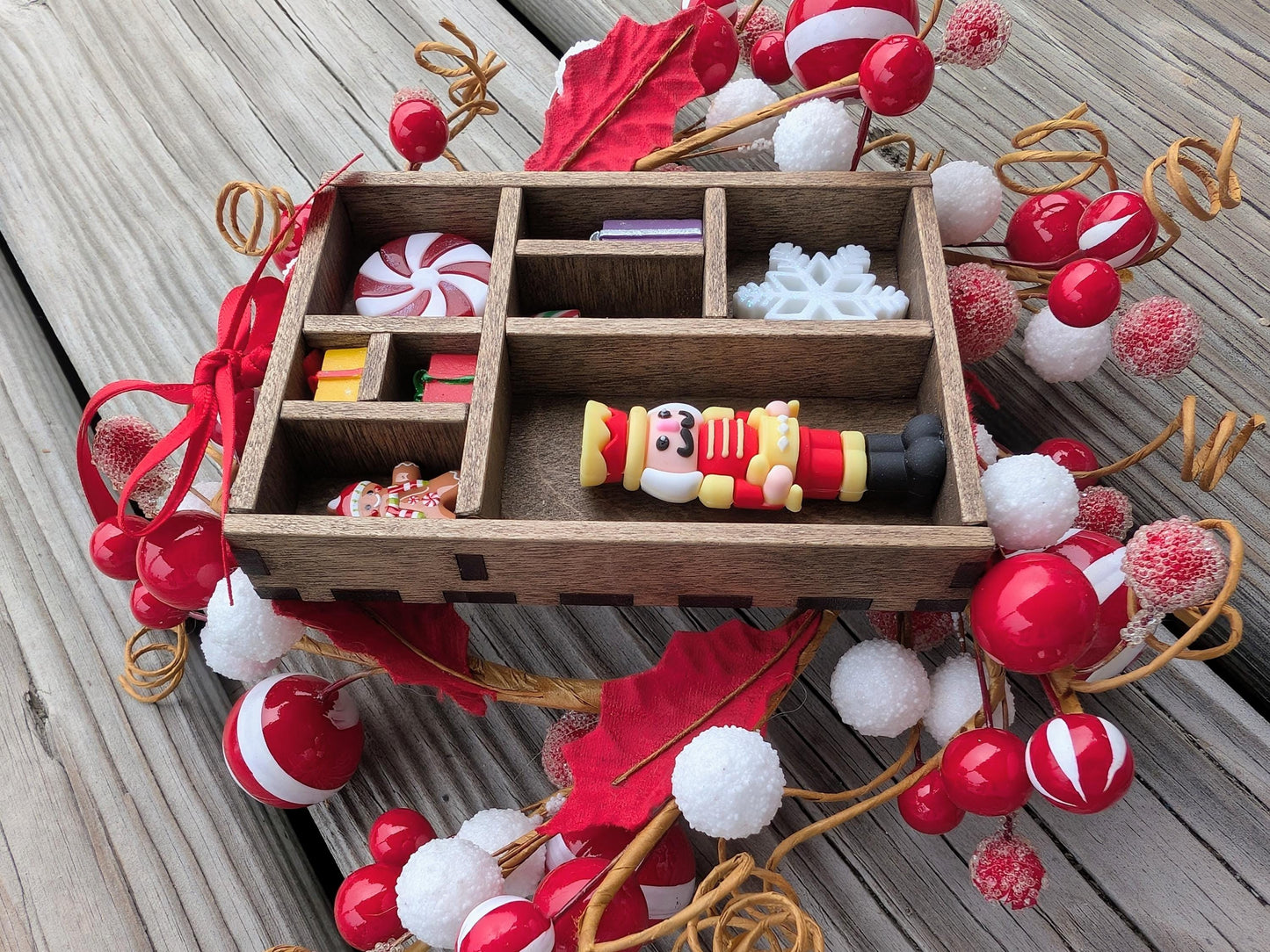 Miniature Christmas Shadow Box Ornament | Wooden Printer's Tray Style | Classic Christmas Diorama