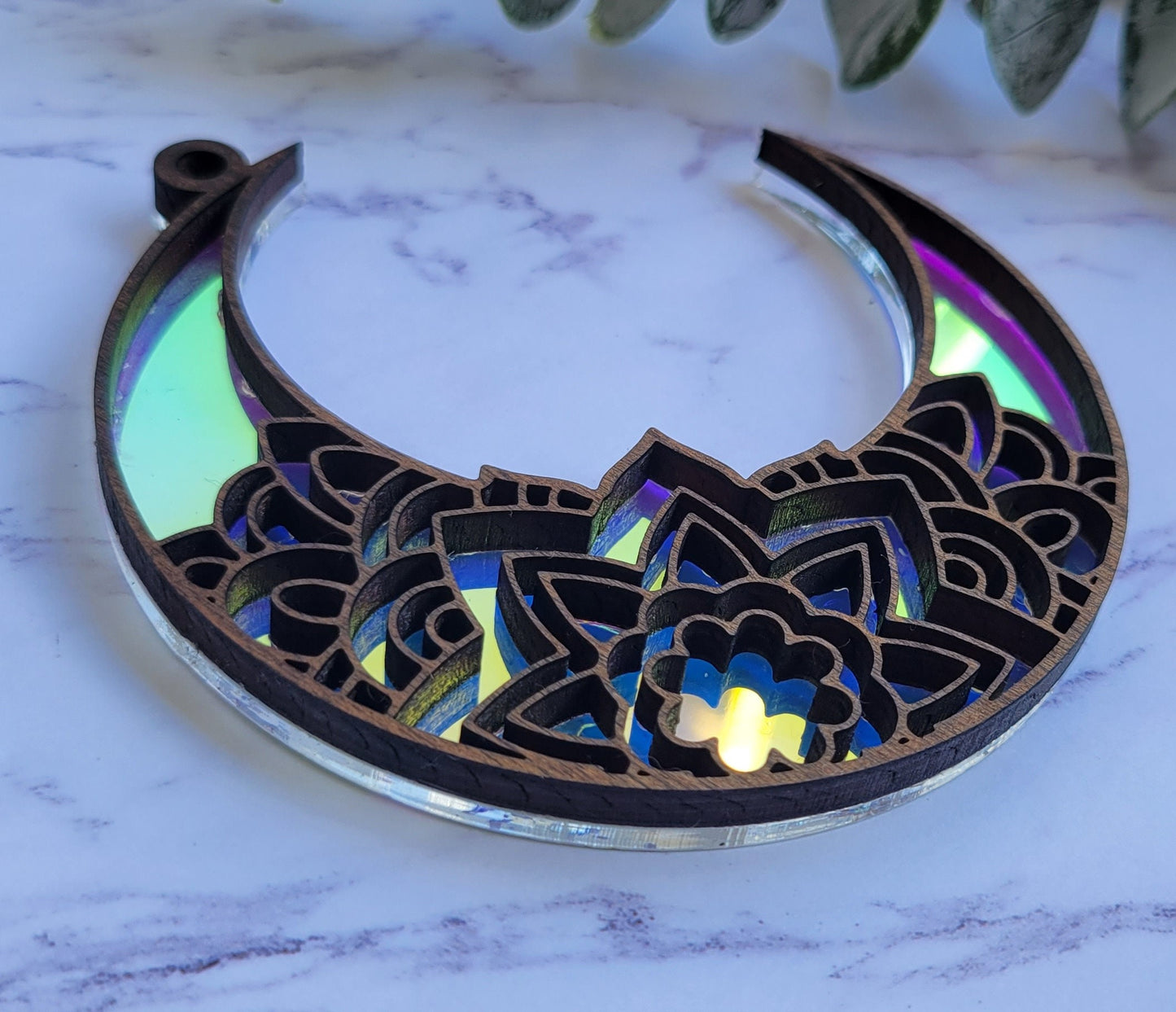 Iridescent Moon Mandala Suncatcher - Crystal Acrylic Suncatcher - Witchy Cottagecore Plant Decor - Window Light Sun Catcher
