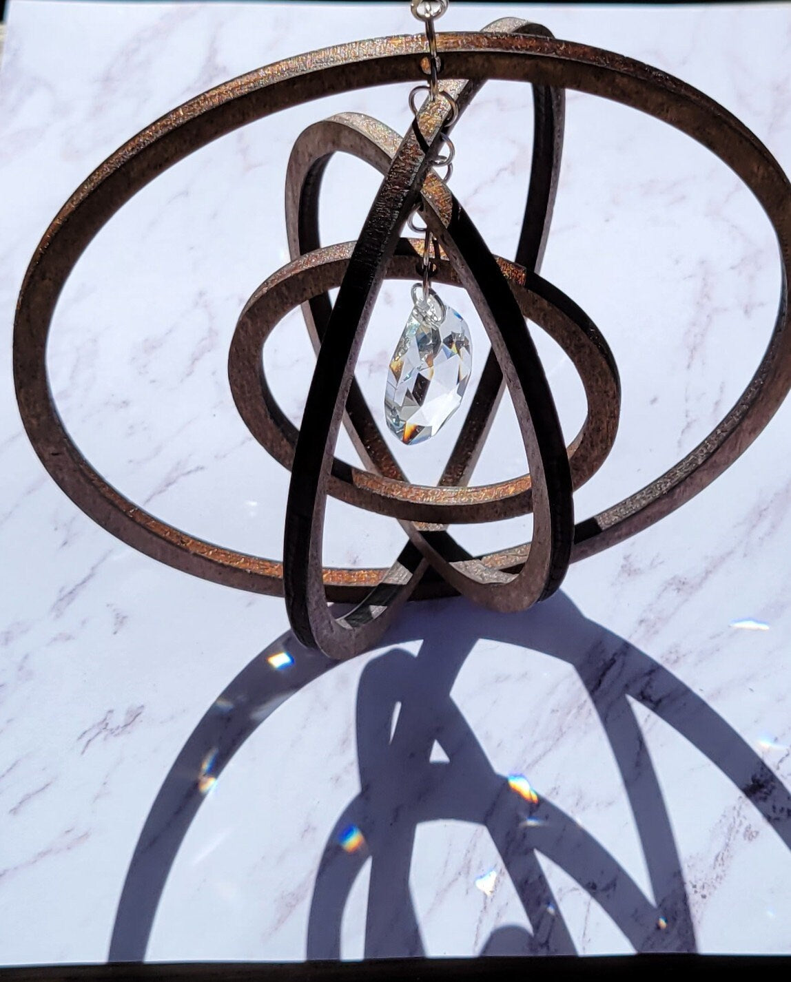 Espresso Maple Wood Sparkle Circle Suncatcher - Geometric Crystal Suncatcher - Spinning Suncatcher- Suncatcher Gift - Wooden Suncatcher