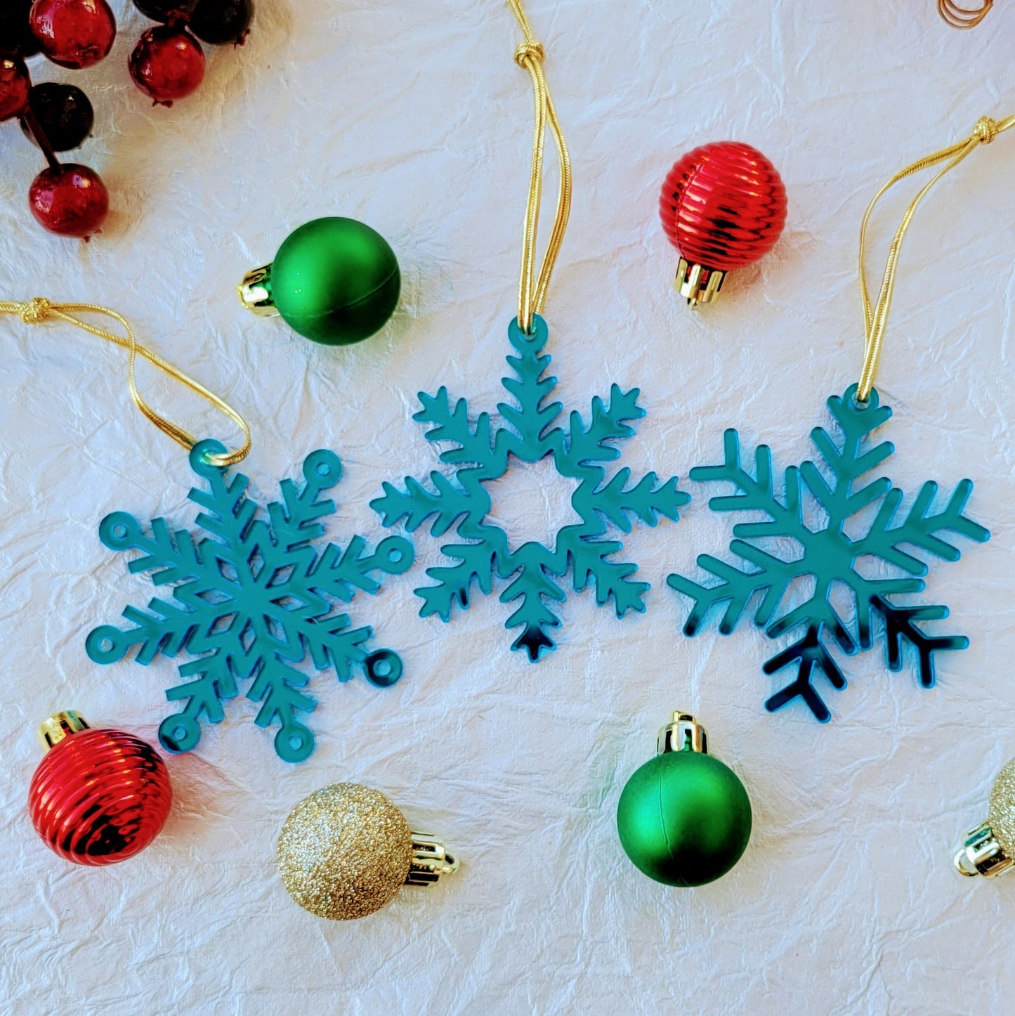 Set of 3 Snowflake Ornaments - Blue Mirror Snowflakes - Minimalist Ornaments- Ornament Sets - Snowflake Ornaments