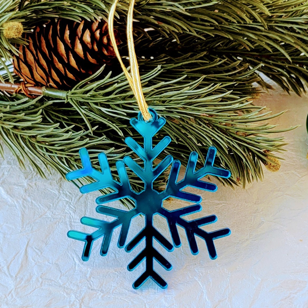 Set of 3 Snowflake Ornaments - Blue Mirror Snowflakes - Minimalist Ornaments- Ornament Sets - Snowflake Ornaments