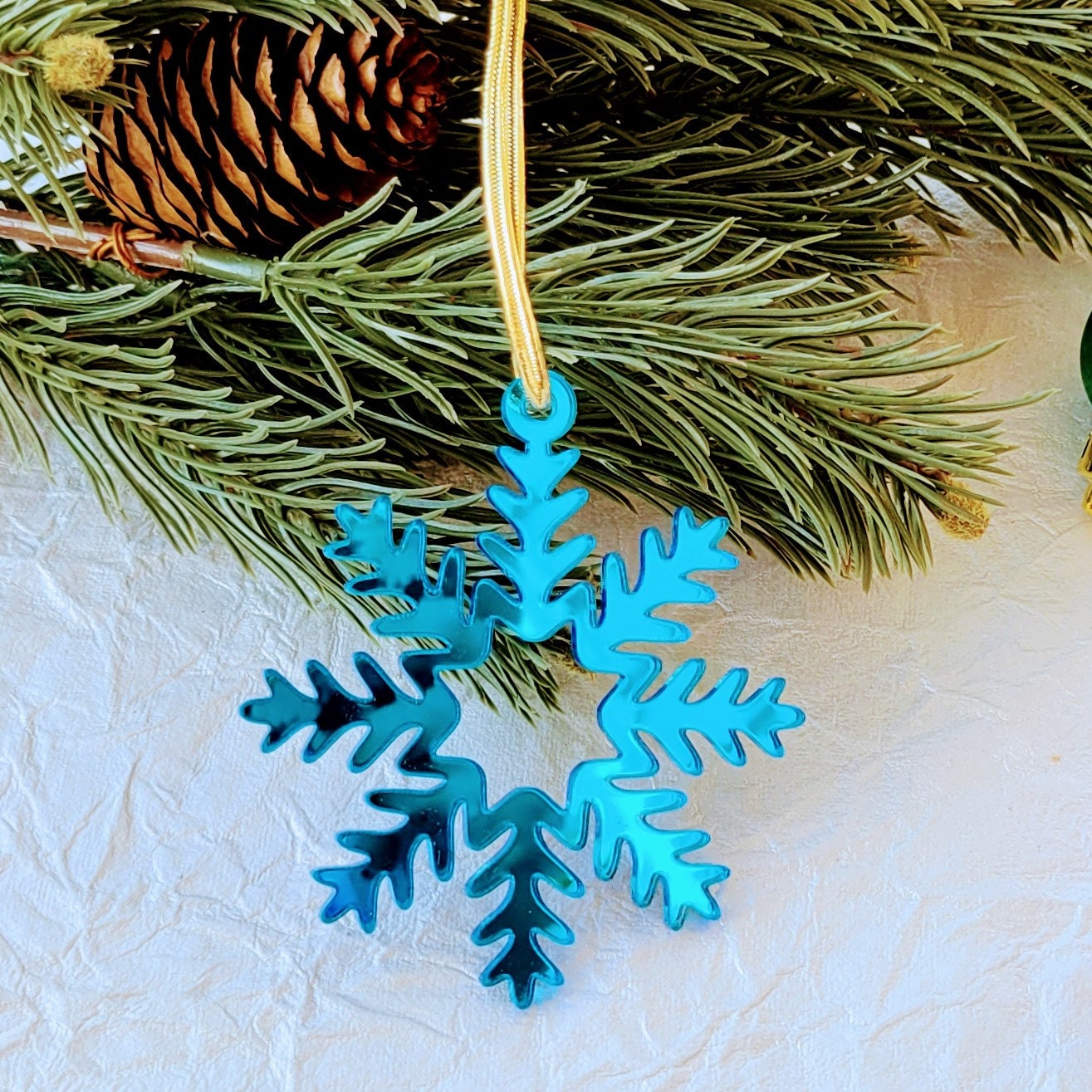 Set of 3 Snowflake Ornaments - Blue Mirror Snowflakes - Minimalist Ornaments- Ornament Sets - Snowflake Ornaments