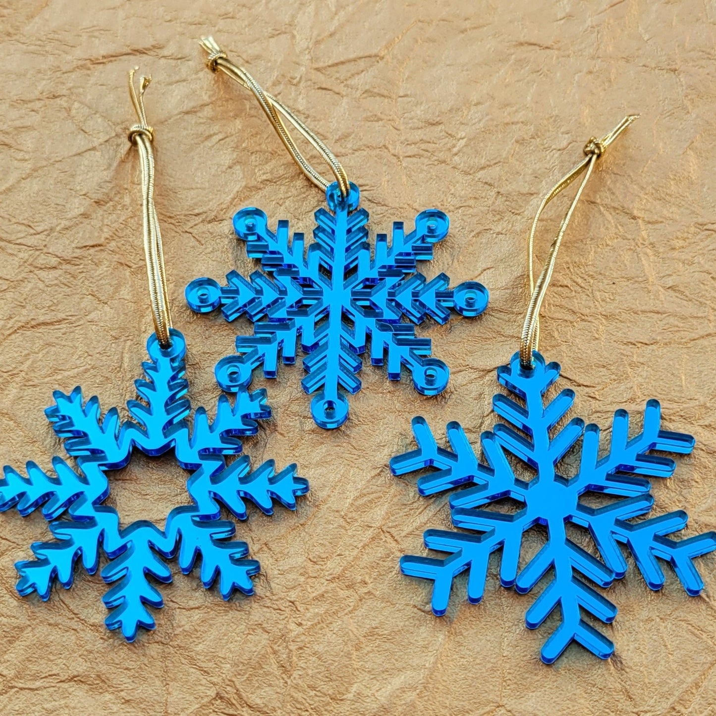 Set of 3 Snowflake Ornaments - Blue Mirror Snowflakes - Minimalist Ornaments- Ornament Sets - Snowflake Ornaments