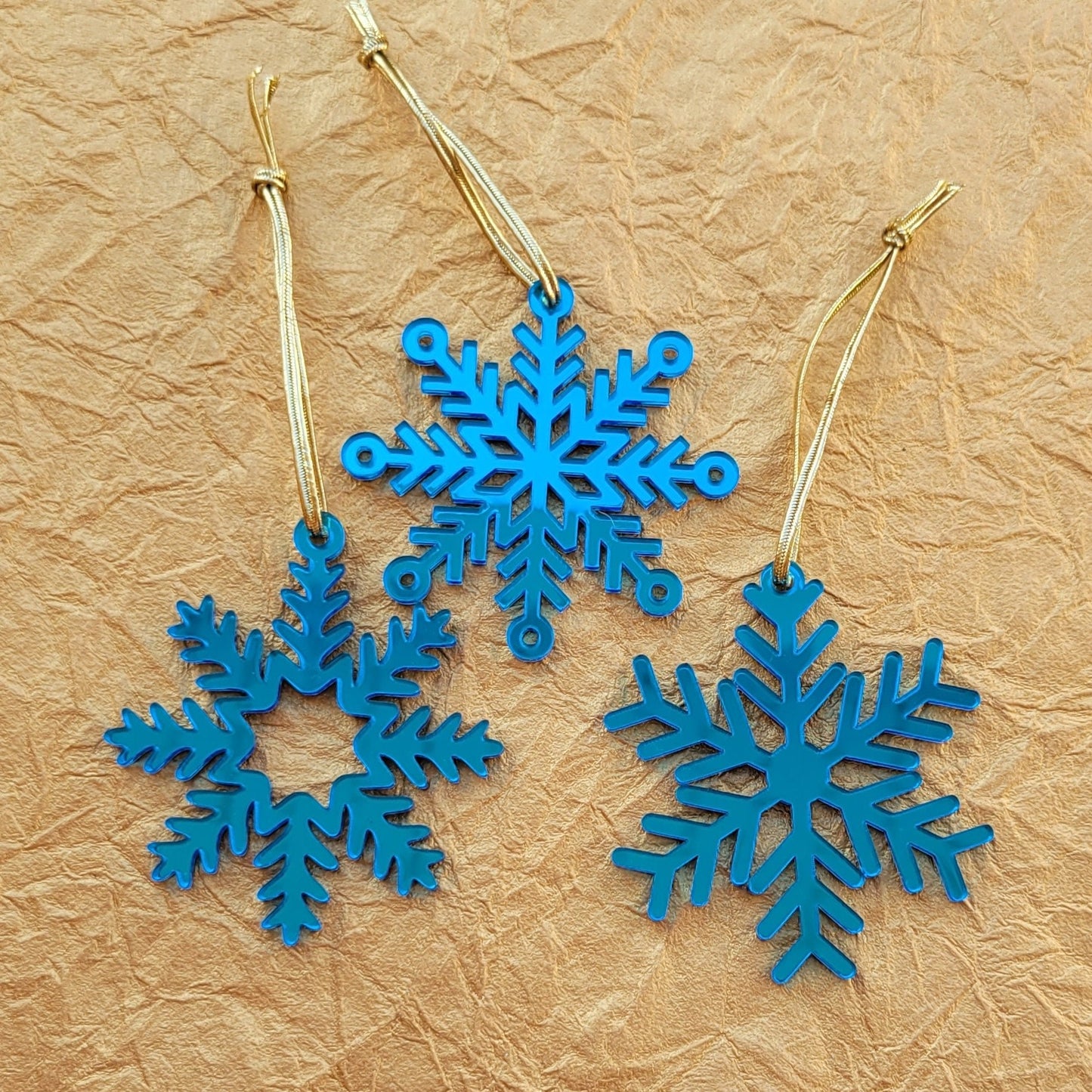 Set of 3 Snowflake Ornaments - Blue Mirror Snowflakes - Minimalist Ornaments- Ornament Sets - Snowflake Ornaments