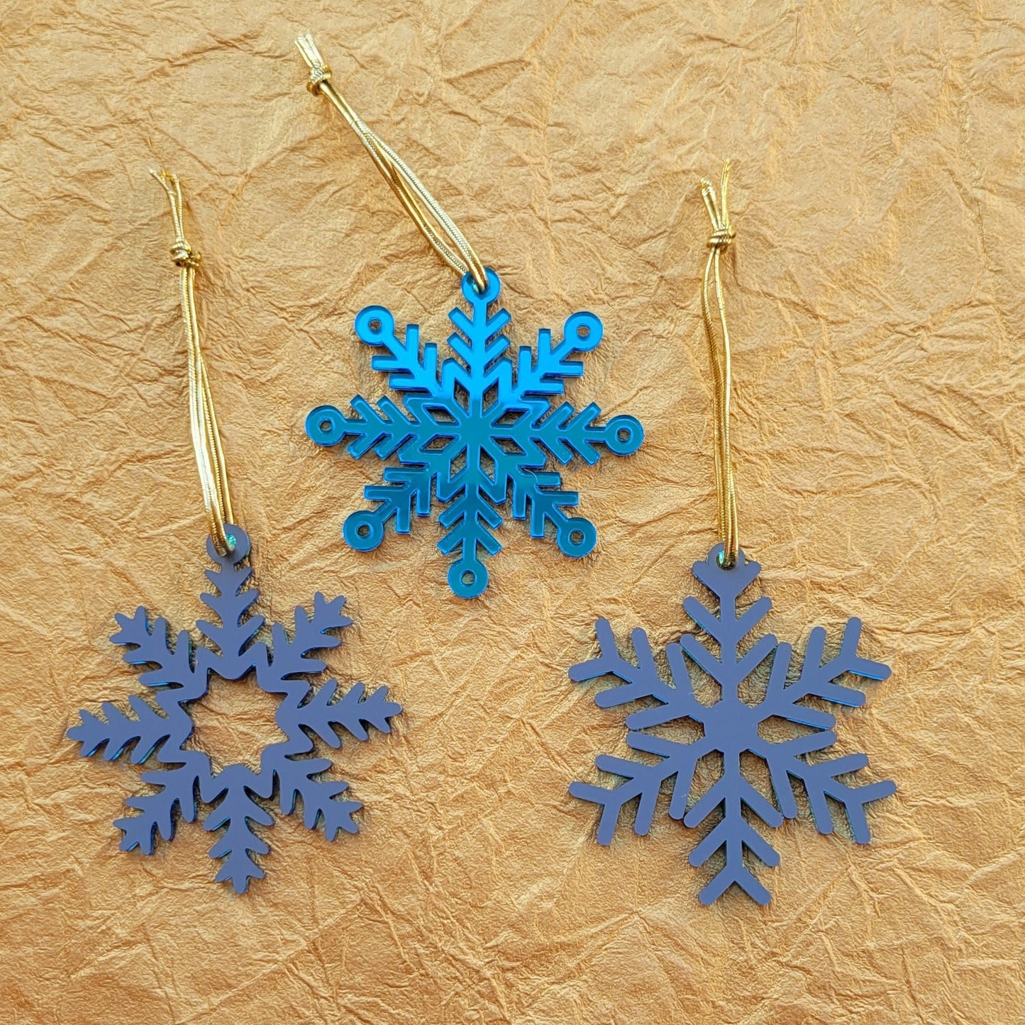 Set of 3 Snowflake Ornaments - Blue Mirror Snowflakes - Minimalist Ornaments- Ornament Sets - Snowflake Ornaments