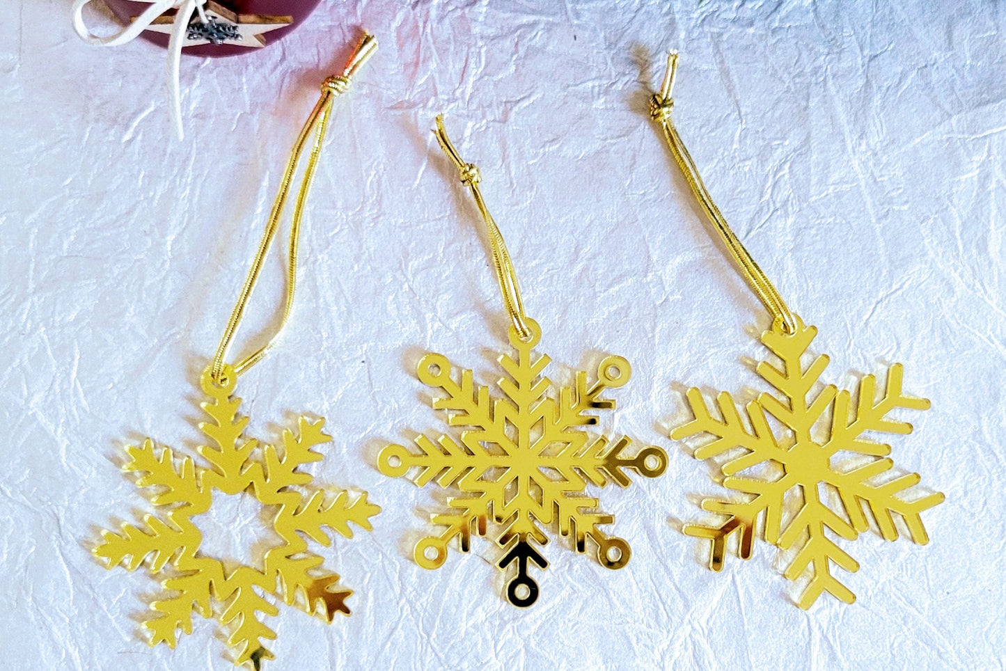 Set of 3 Snowflake Ornaments - Gold Mirror Snowflakes - Minimalist Ornaments- Ornament Sets - Snowflake Ornaments
