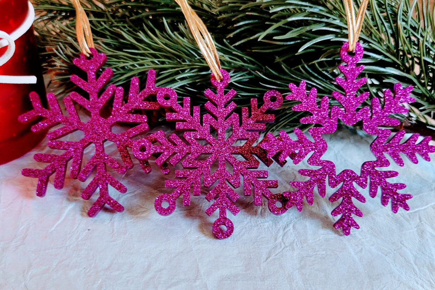 Set of 3 Snowflake Ornaments - Purple Glitter Snowflakes - Minimalist Ornaments- Ornament Sets - Snowflake Ornaments