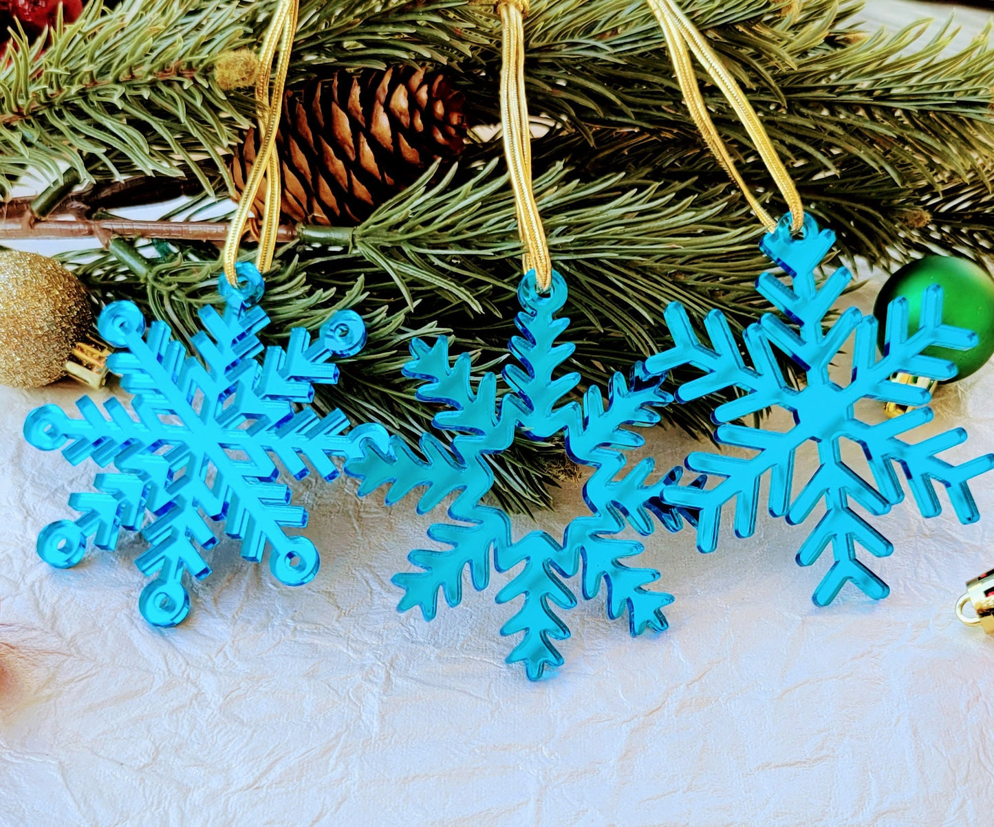 Set of 3 Snowflake Ornaments - Blue Mirror Snowflakes - Minimalist Ornaments- Ornament Sets - Snowflake Ornaments