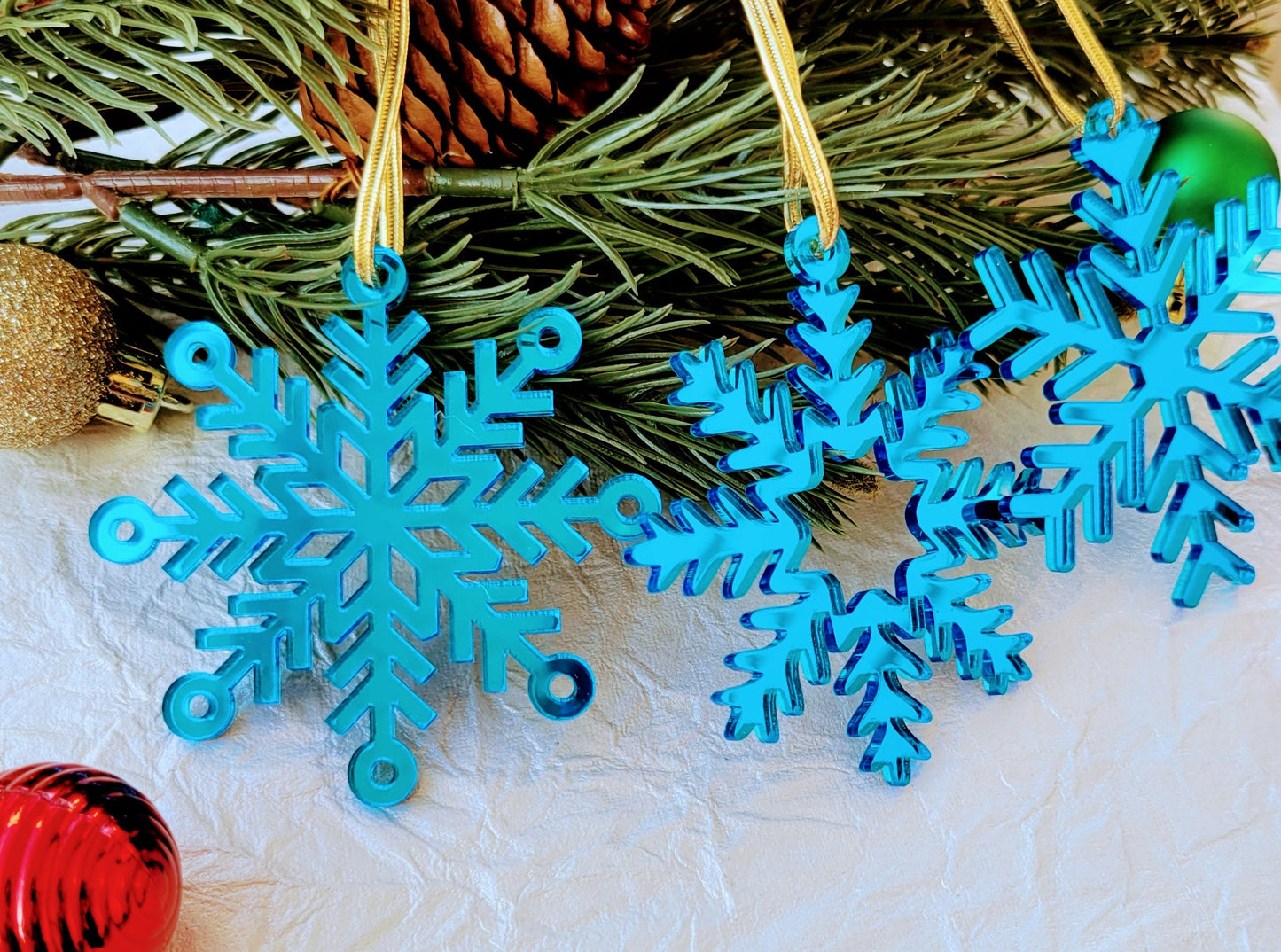 Set of 3 Snowflake Ornaments - Blue Mirror Snowflakes - Minimalist Ornaments- Ornament Sets - Snowflake Ornaments