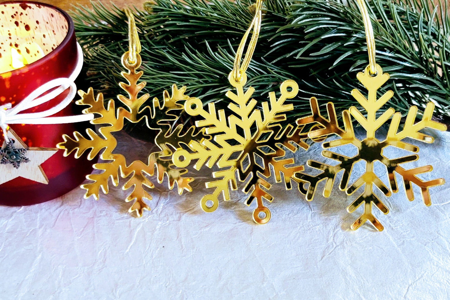 Set of 3 Snowflake Ornaments - Gold Mirror Snowflakes - Minimalist Ornaments- Ornament Sets - Snowflake Ornaments