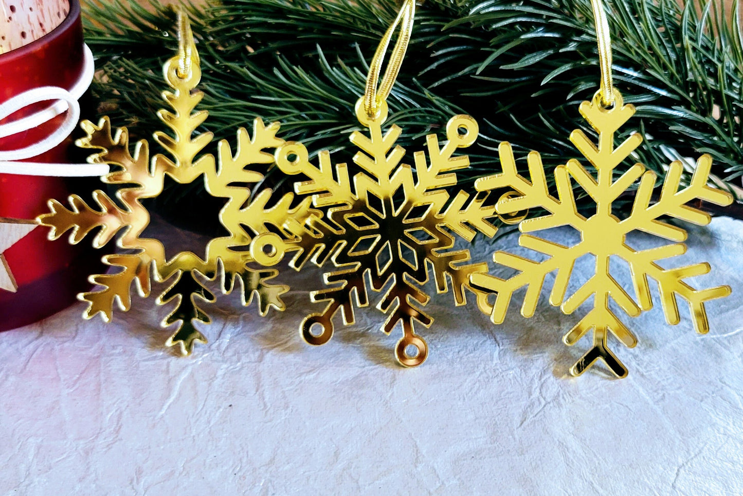 Set of 3 Snowflake Ornaments - Gold Mirror Snowflakes - Minimalist Ornaments- Ornament Sets - Snowflake Ornaments