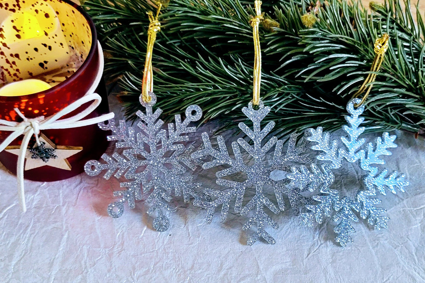 Set of 3 Snowflake Ornaments - Silver Glitter Snowflakes - Minimalist Ornaments- Ornament Sets - Snowflake Ornaments