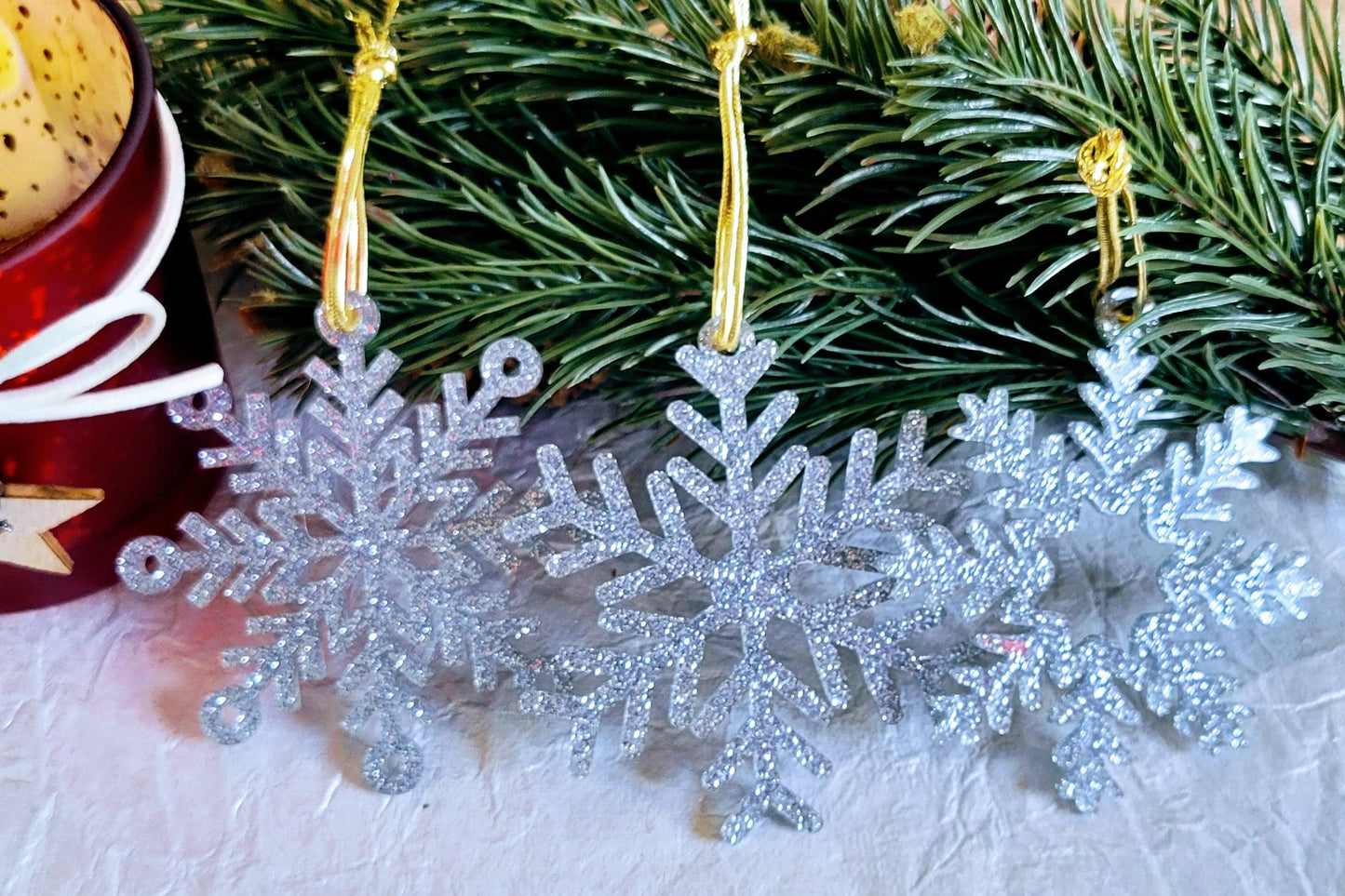 Set of 3 Snowflake Ornaments - Silver Glitter Snowflakes - Minimalist Ornaments- Ornament Sets - Snowflake Ornaments