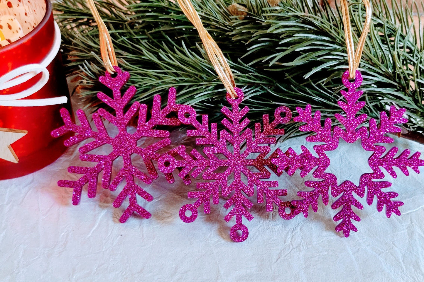 Set of 3 Snowflake Ornaments - Purple Glitter Snowflakes - Minimalist Ornaments- Ornament Sets - Snowflake Ornaments