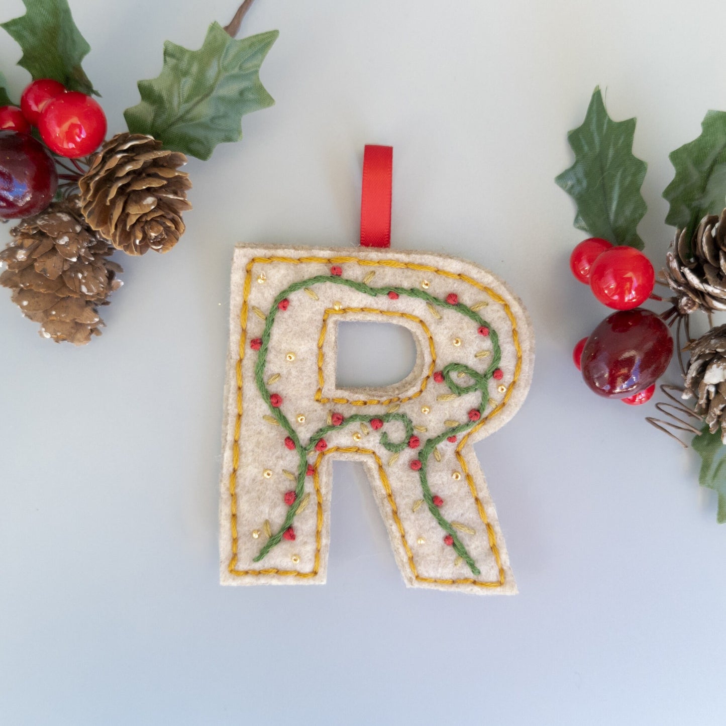 Custom Embroidered Monogram Initial Christmas Ornament - Heirloom Christmas Ornament - Custom Name Ornament - Floral Embroidered Monogram